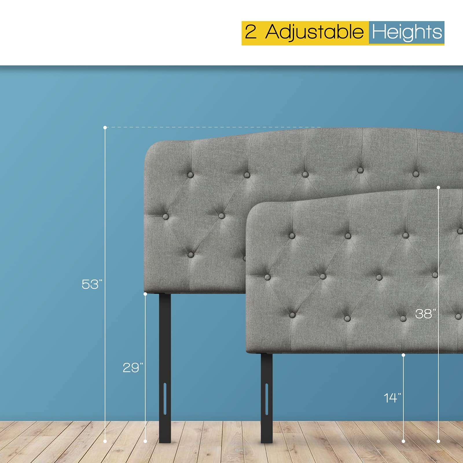 Upholstered Headboard, Adjustable Height from 38" to 53" Platform, Full Size