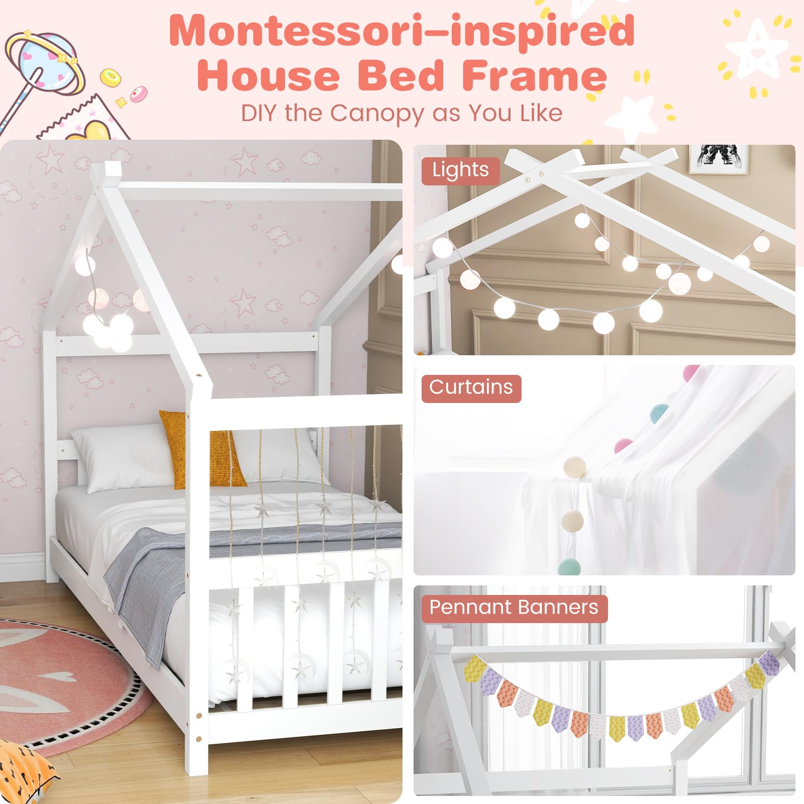 Twin Wood Kids House Bed with Roof, Headboard and Footboard
