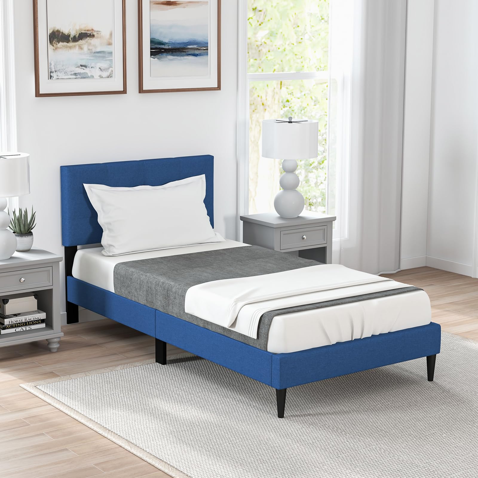 Twin/Queen Size Upholstered Platform Bed Frame with Button Tufted Linen Fabric Headboard