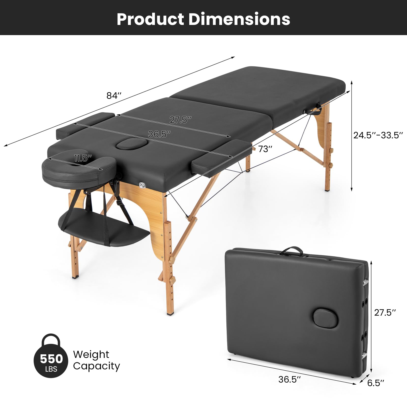 Portable Massage Bed w/Carrying Case, 2-Section Salon Spa Facial Care Tattoo Bed, Height Adjustable