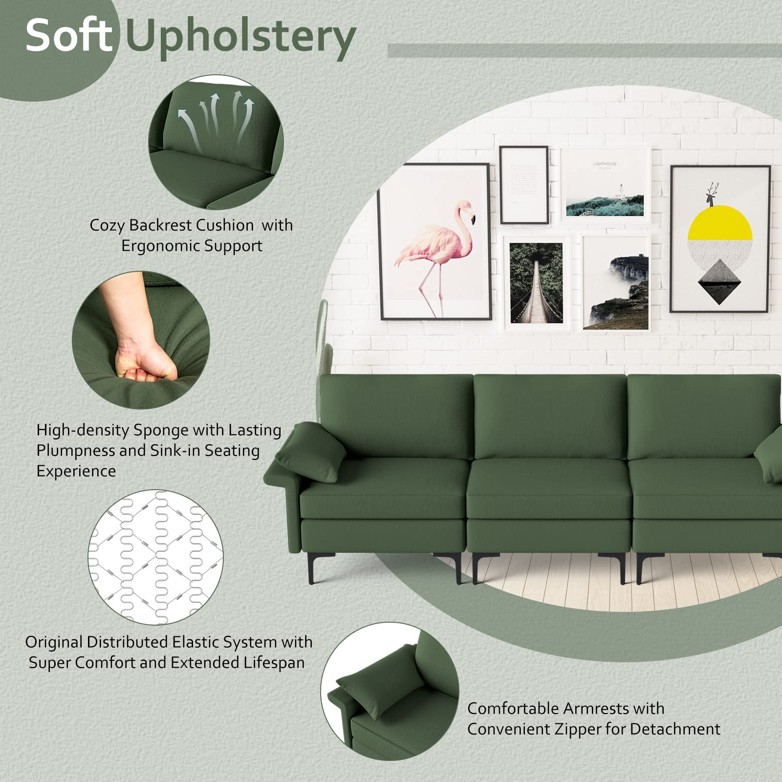 100.5 Inch Large Sectional Sofa, 3 Seat Couch with 3-Hole Outlet & 2 USB Ports