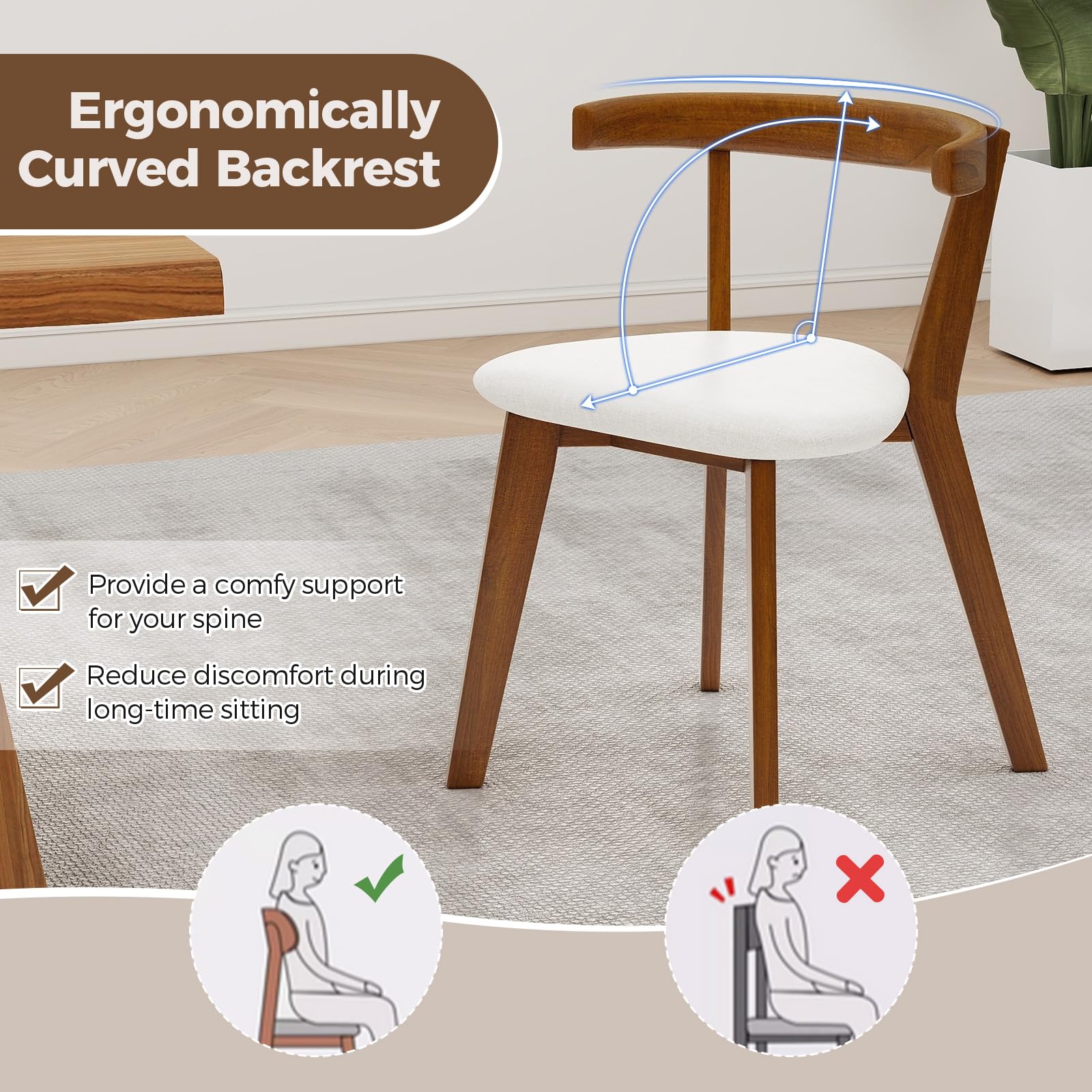 Wooden Dining Chairs Set of 2/4, Farmhouse Hanging Kitchen Chairs w/Rubber Wood Frame, Padded Seat, Curve Back