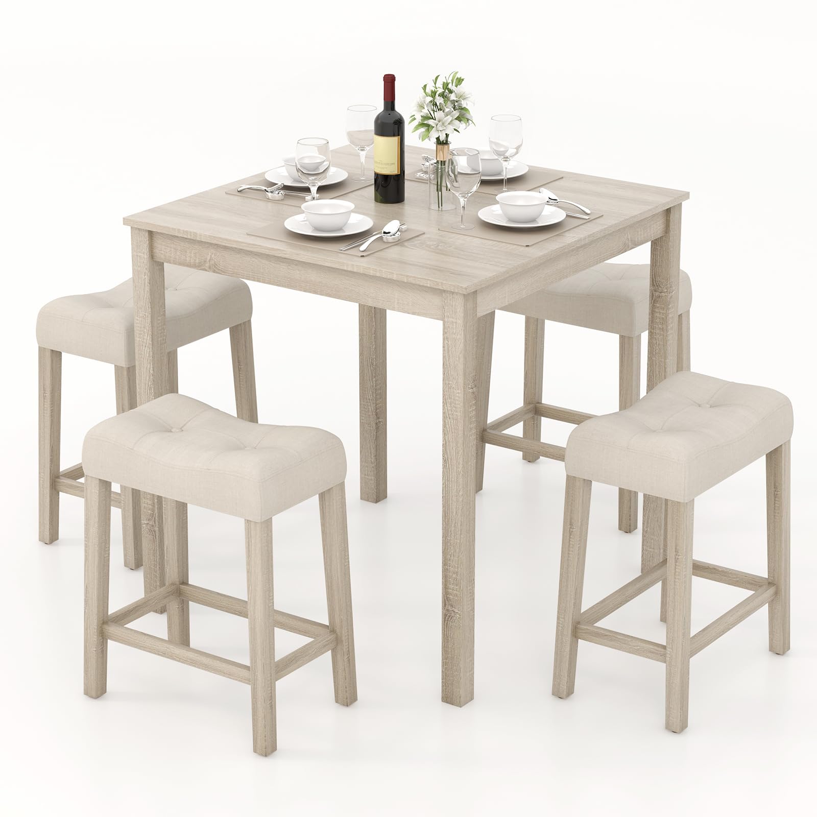 5-Piece Bar Table Set, Square Breakfast Set for 4 w/Padded Stools