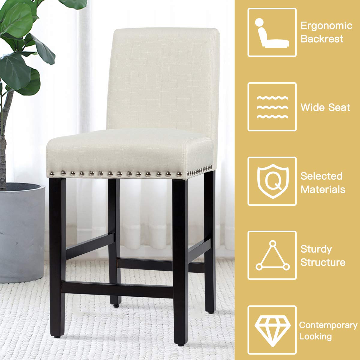 Bar Stools Set of 2/4, 25'' Counter Height Upholstered Bar Chairs w/ Rubber Wood Legs, Breathable Linen Fabric, Padded Seat & Backrest