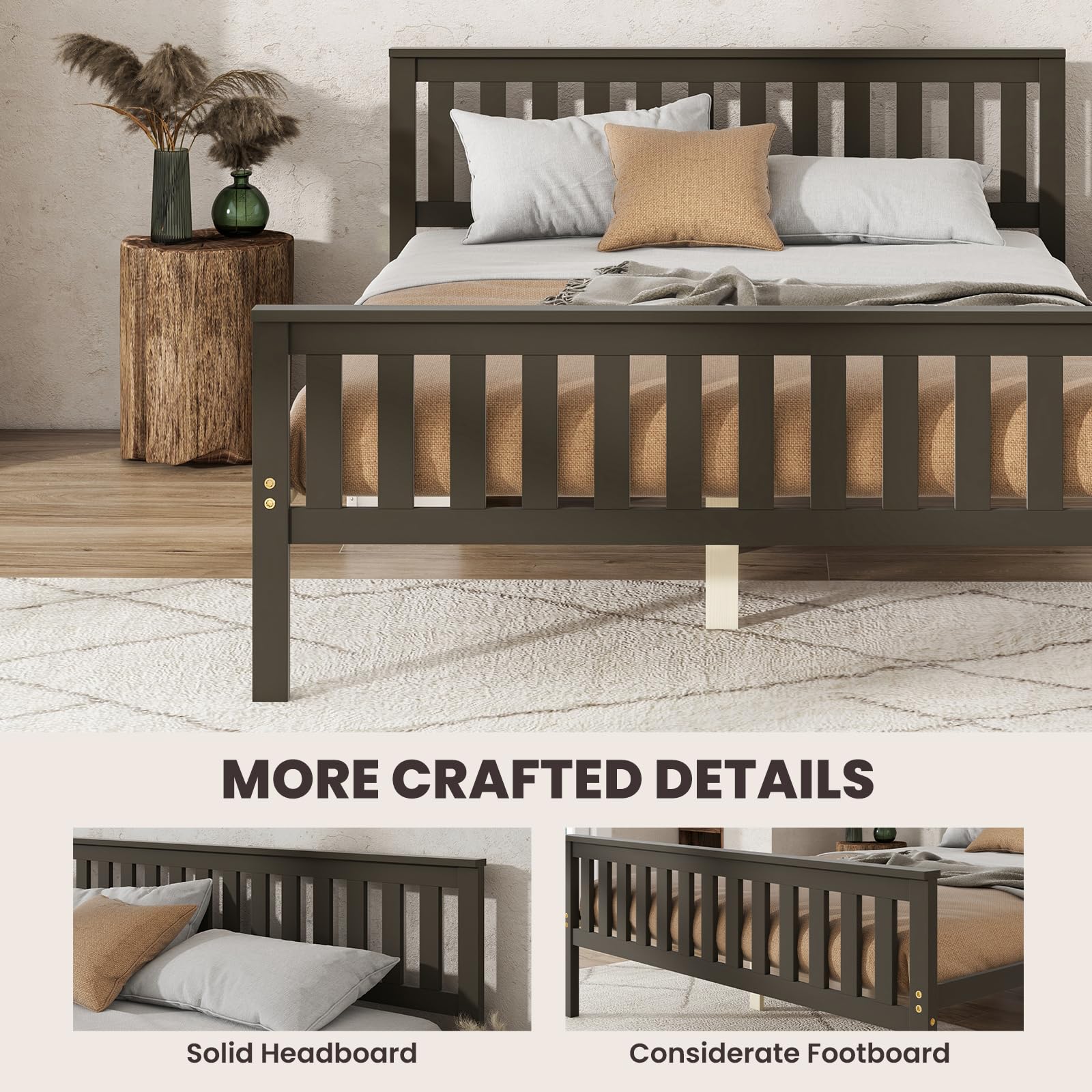 Wood Platform Bed Frame with Headboard, Wooden Slats Support, 12" Under-Bed Storage Space