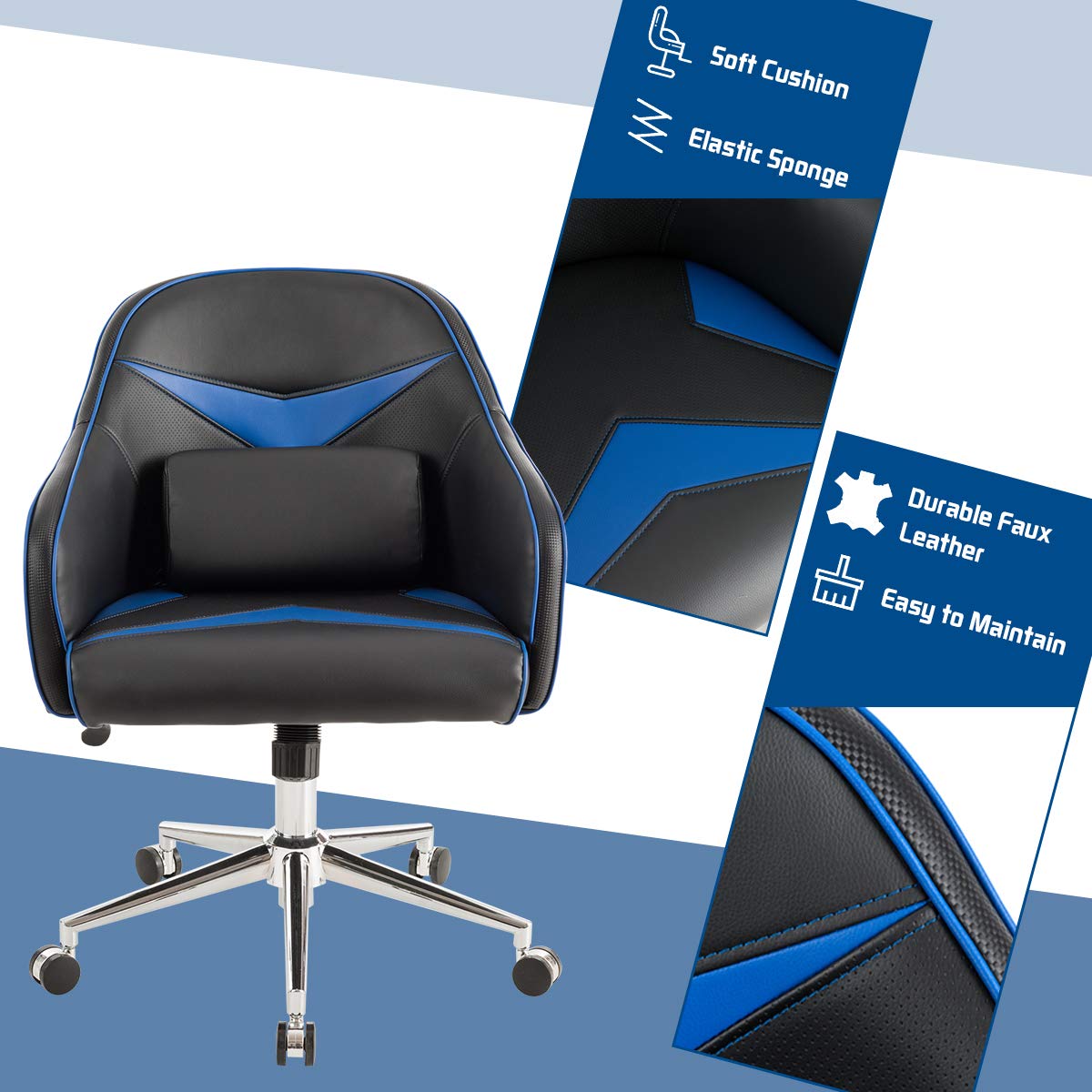 PU Leather Gaming Chair, Adjustable Height Mid-Back Armchair w/Massage Lumbar Pillow