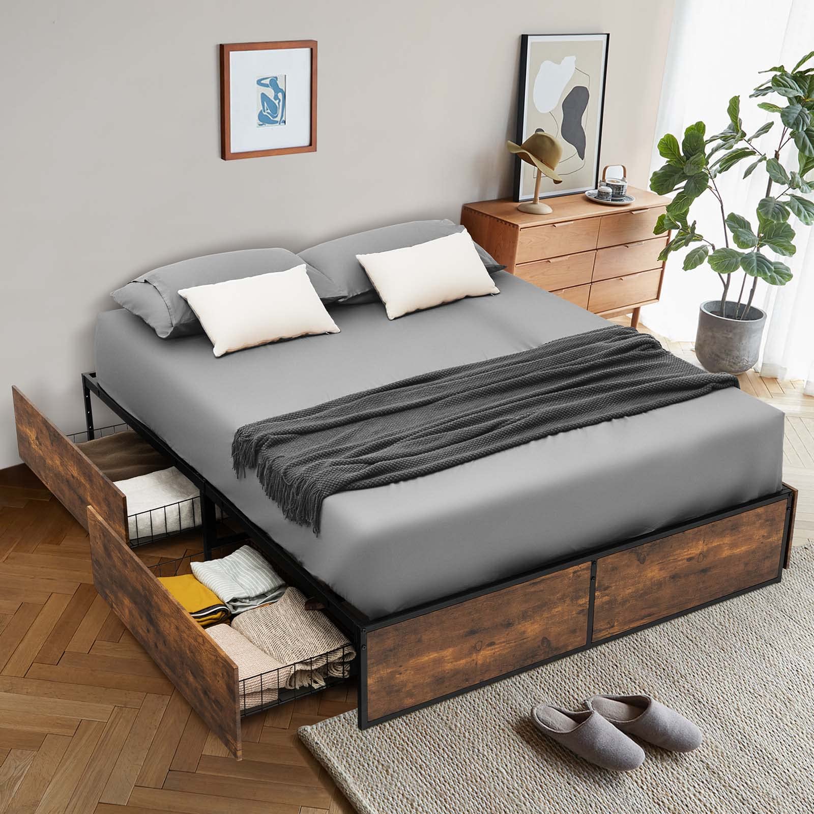 Industrial Metal Bed Frame with 4 Drawers & Reserved Holes for Headboard