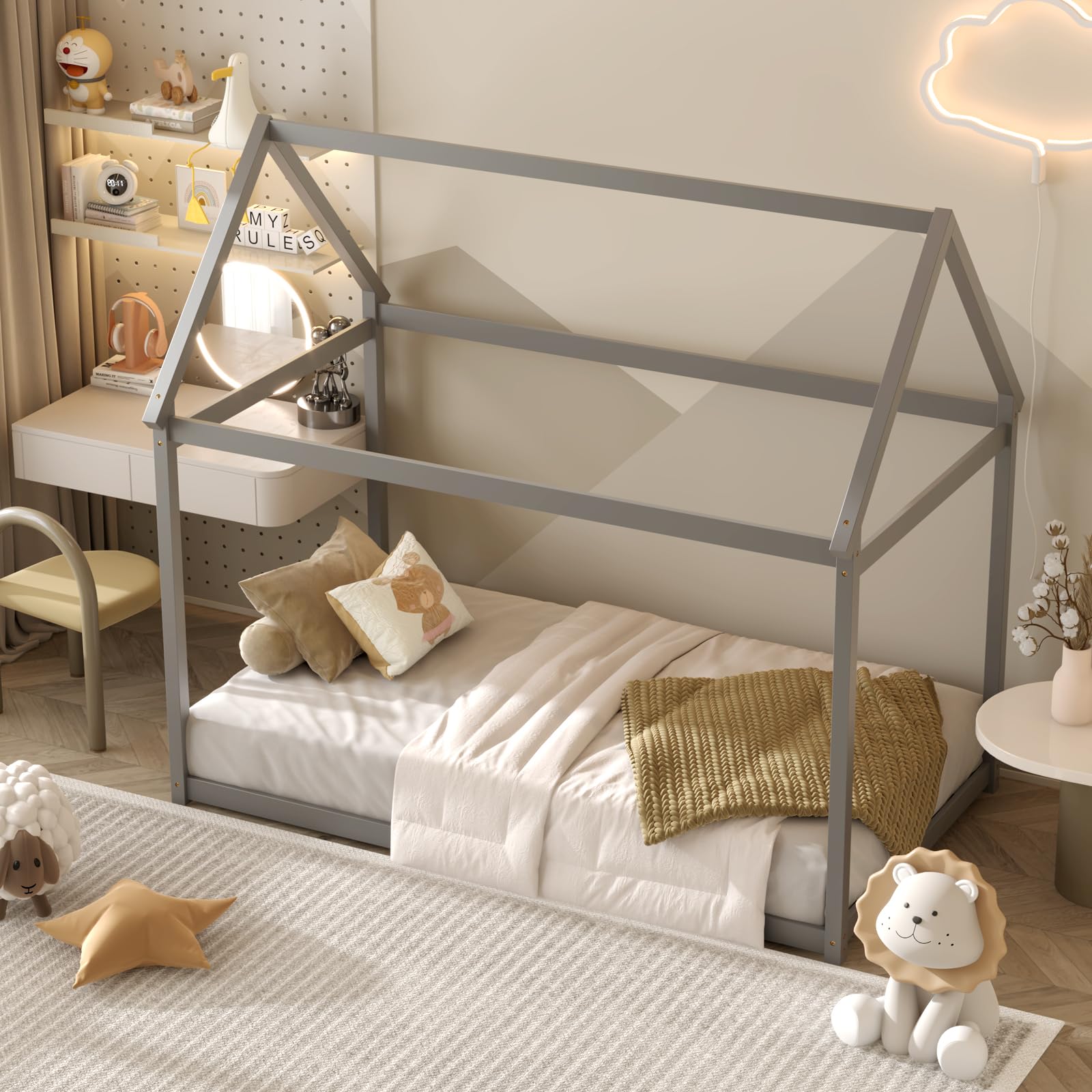 Twin Size House Bed for Kids, Solid Wood Platform Floor Bed with Roof & Multiple Slats