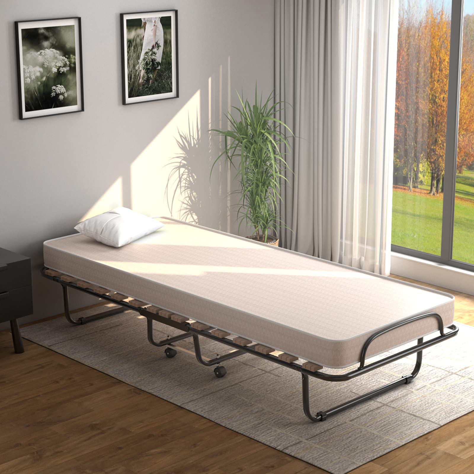 Portable Folding Rollaway Bed with Steel Frame & Memory Foam Mattress