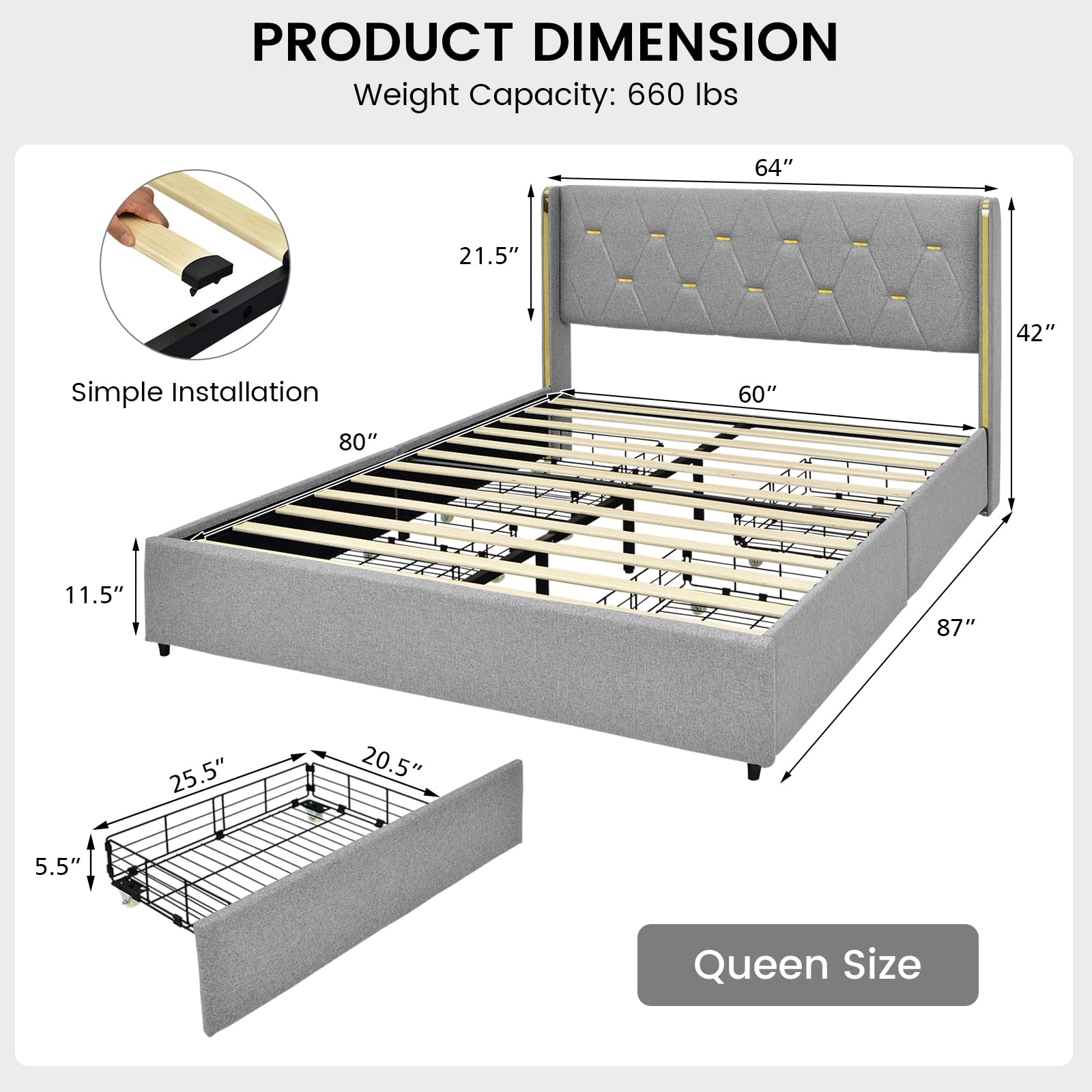 Full/Queen Upholstered Bed Frame with 4 Rolling Storage Drawers, Space Saving PU Leather Bed Frame