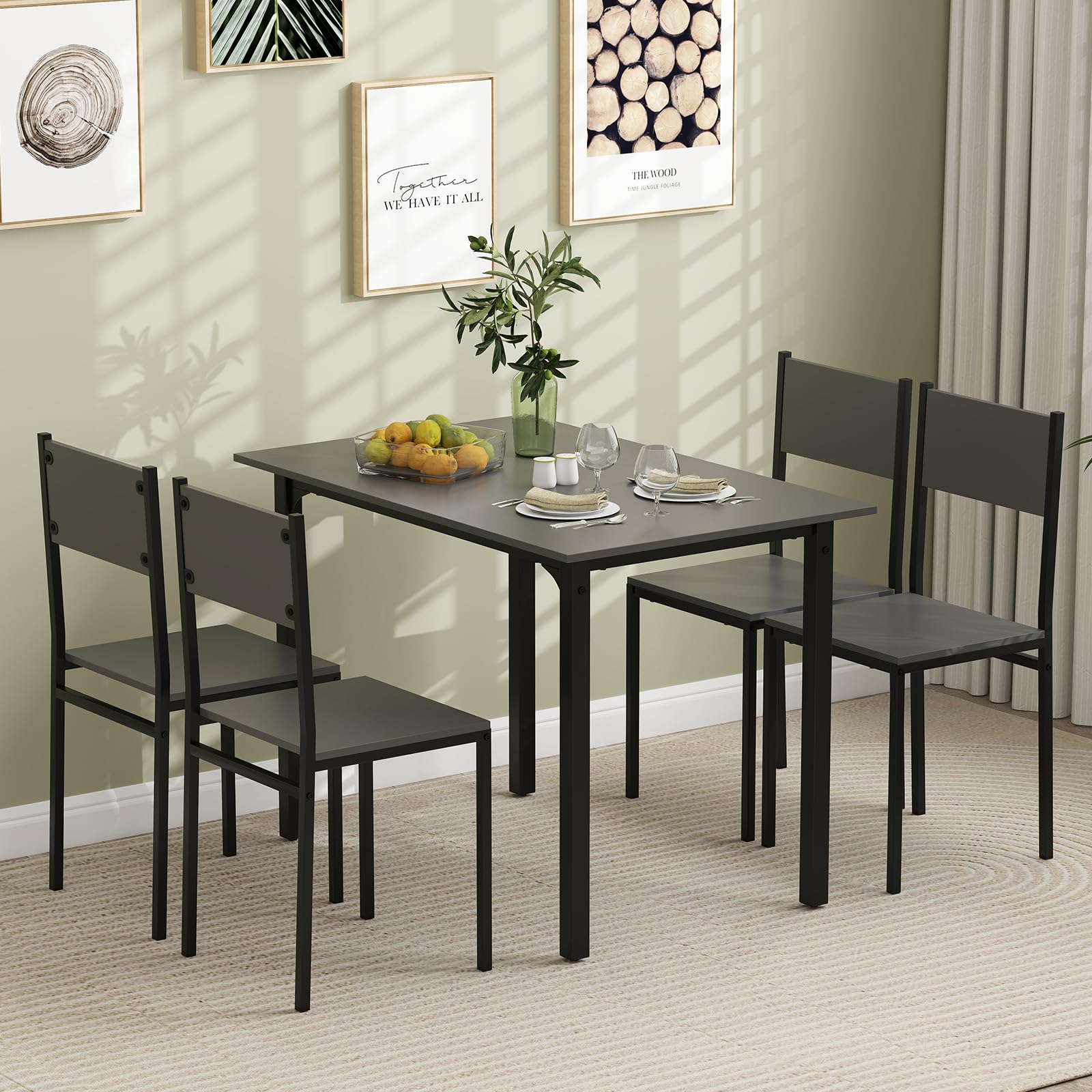 5-Piece Dining Table Set, Industrial Kitchen Table and Chairs for 4 with Backrest and Metal Frame