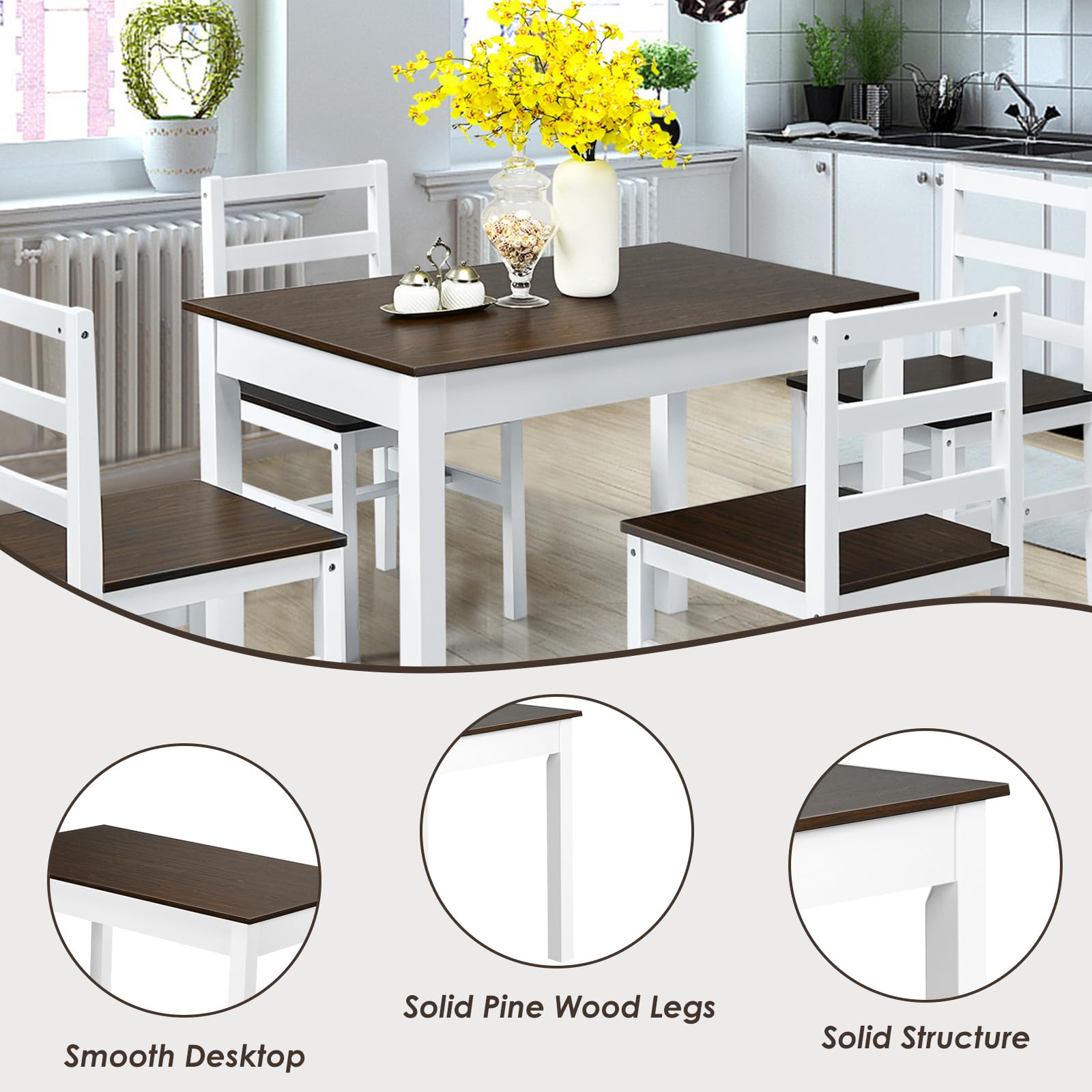 5 Piece Dining Set of 4, Solid Wood Rectangular Table & 4 Chairs, Farmhouse Dinette Set w/Pine Wood Legs