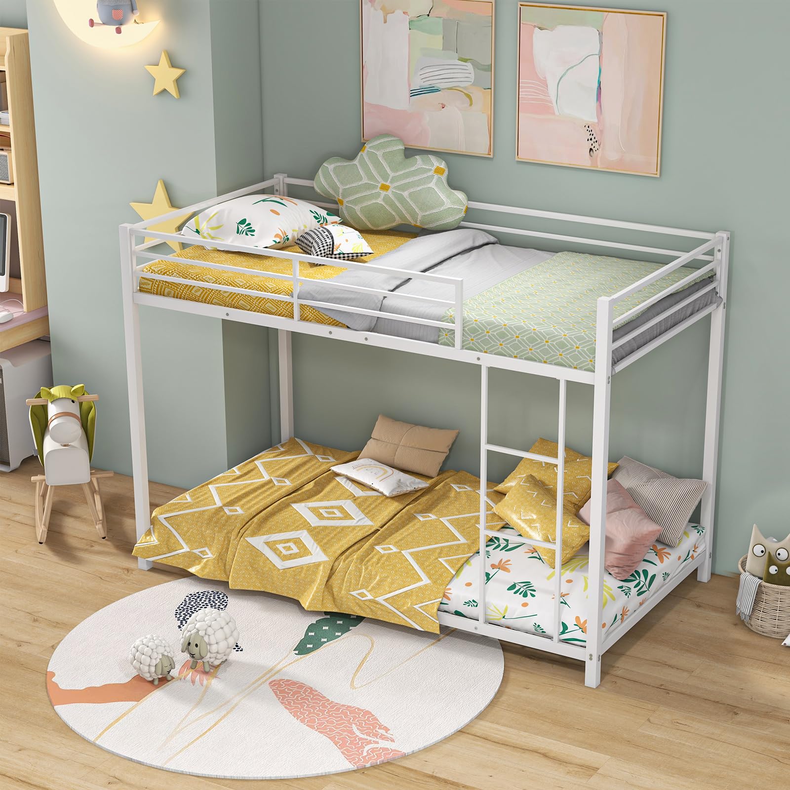Twin Over Twin Metal Low Floor Bunk Bed with Safety Guard Rail & Ladder
