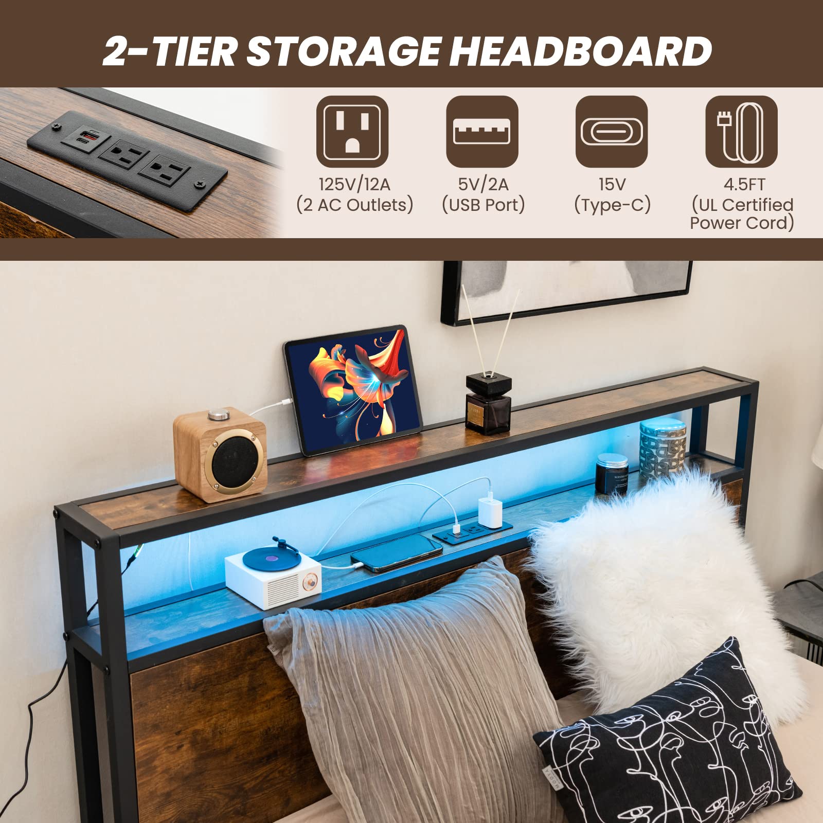 Metal Bed Frame with LED Lights Headboard and 4 Storage Drawers, Outlets and USB Ports Charging Station