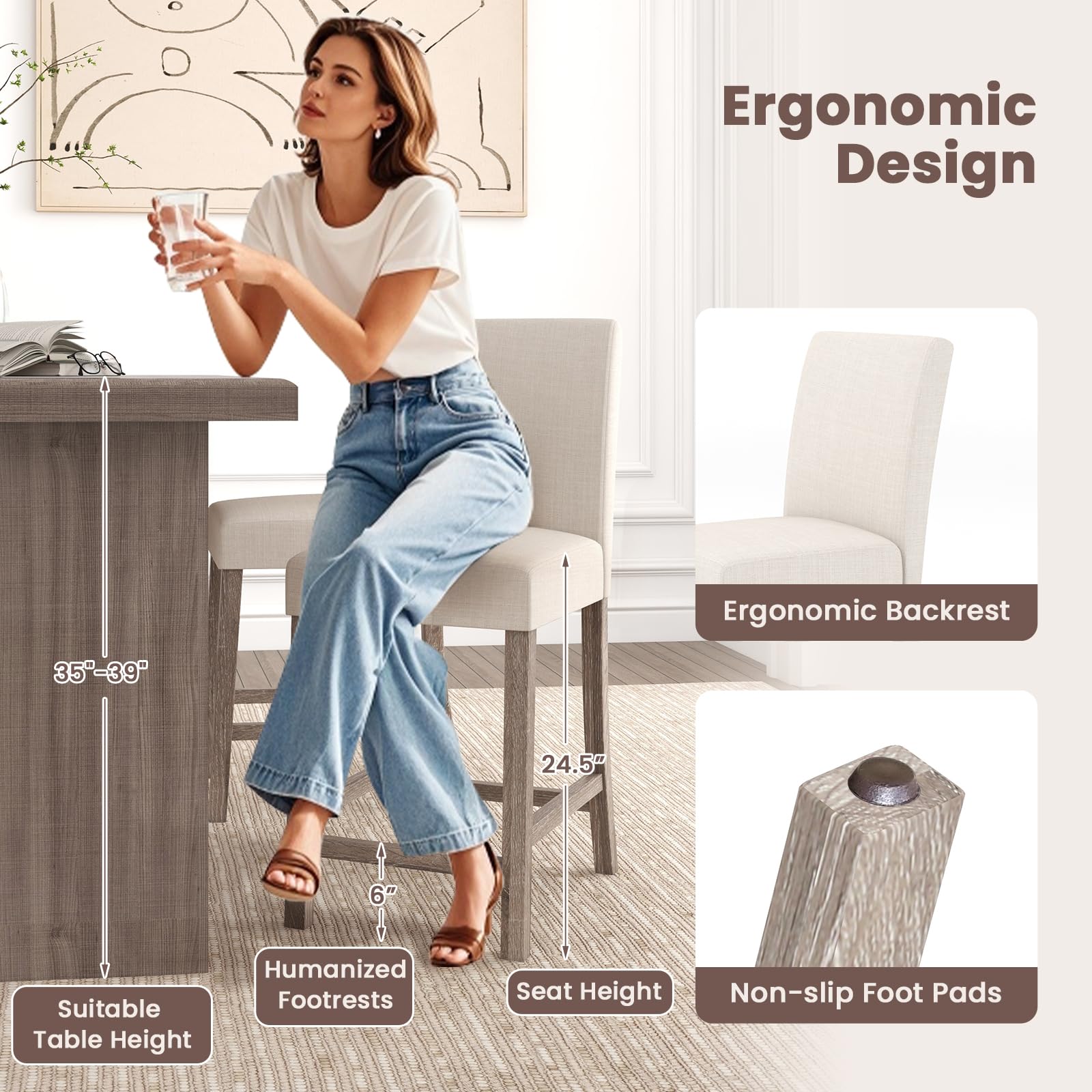 Upholstered Counter Height Bar Stools Set of 2/4 with Ergonomic Backrest, Solid Wood Frame