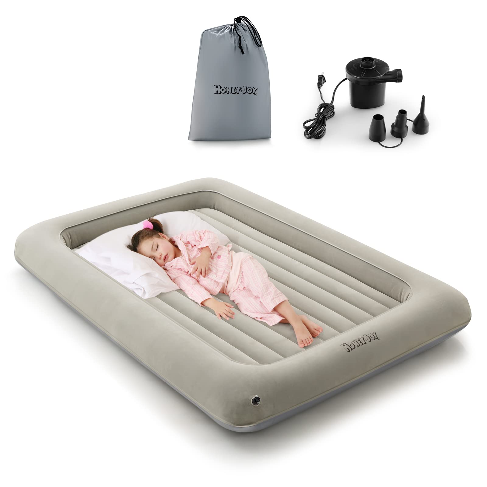 Inflatable Toddler Travel Bed, Kids Blow Up Air Mattress with Sides, Includes Air Pump, Travel Bag