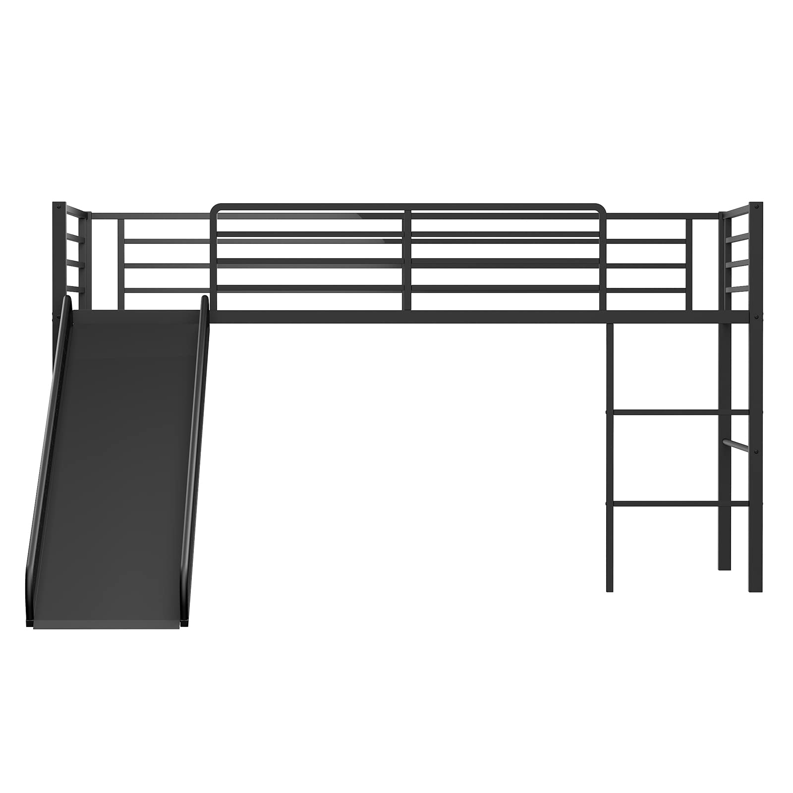 Twin Metal Low Loft Bed with Slide, Safety Guardrails & Built-in Ladder