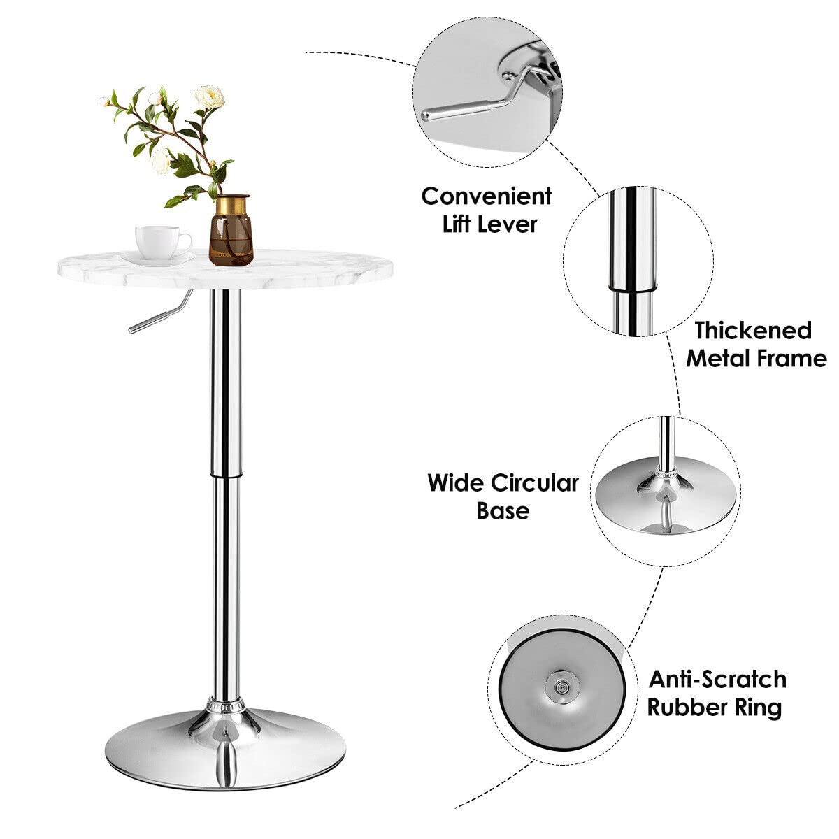 Round Pub Table Height Adjustable, 360&deg; Swivel Cocktail Pub Table with Sliver Leg and Base