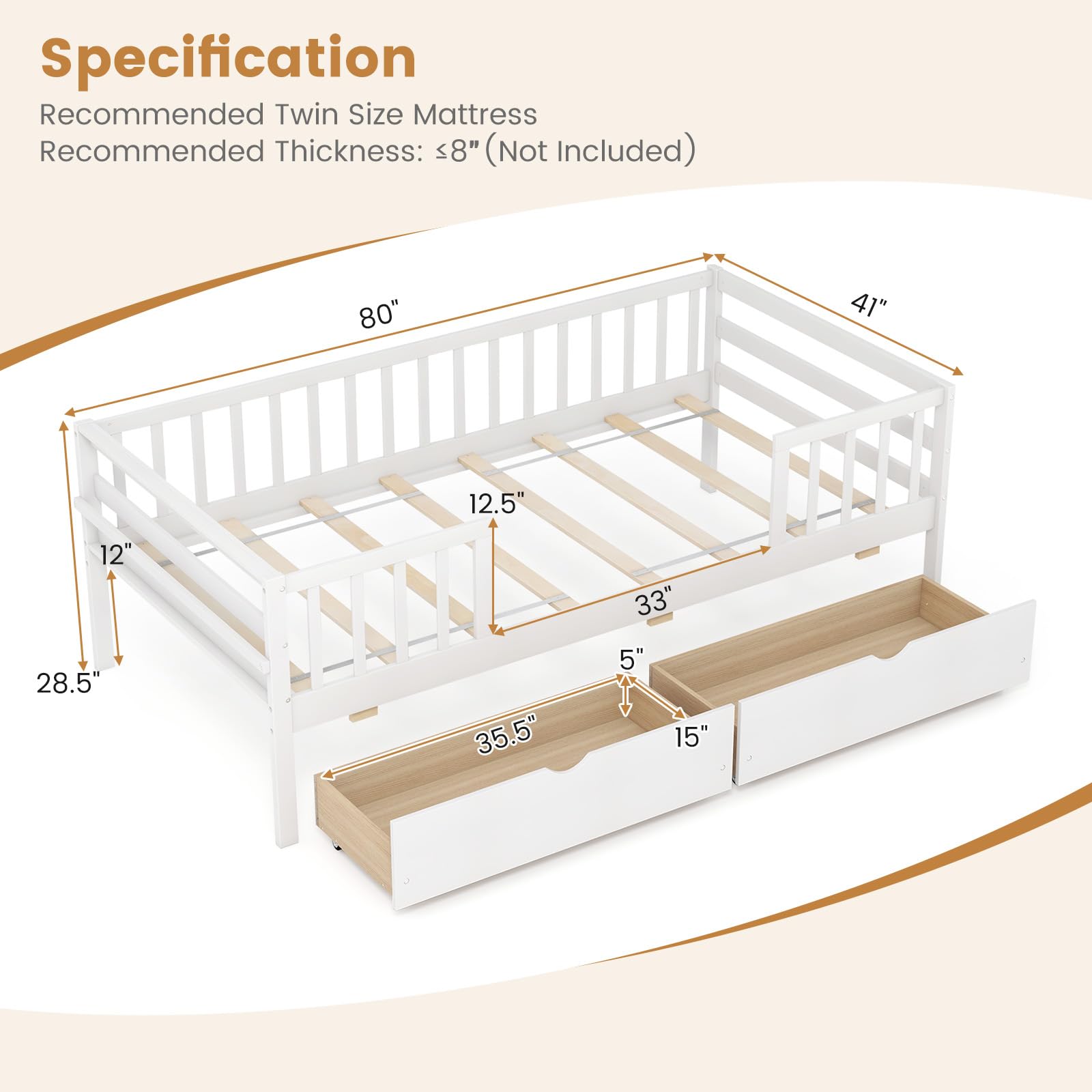 Wood Twin Bed Frame with Fence Rails & 2 Pull-Out Drawers
