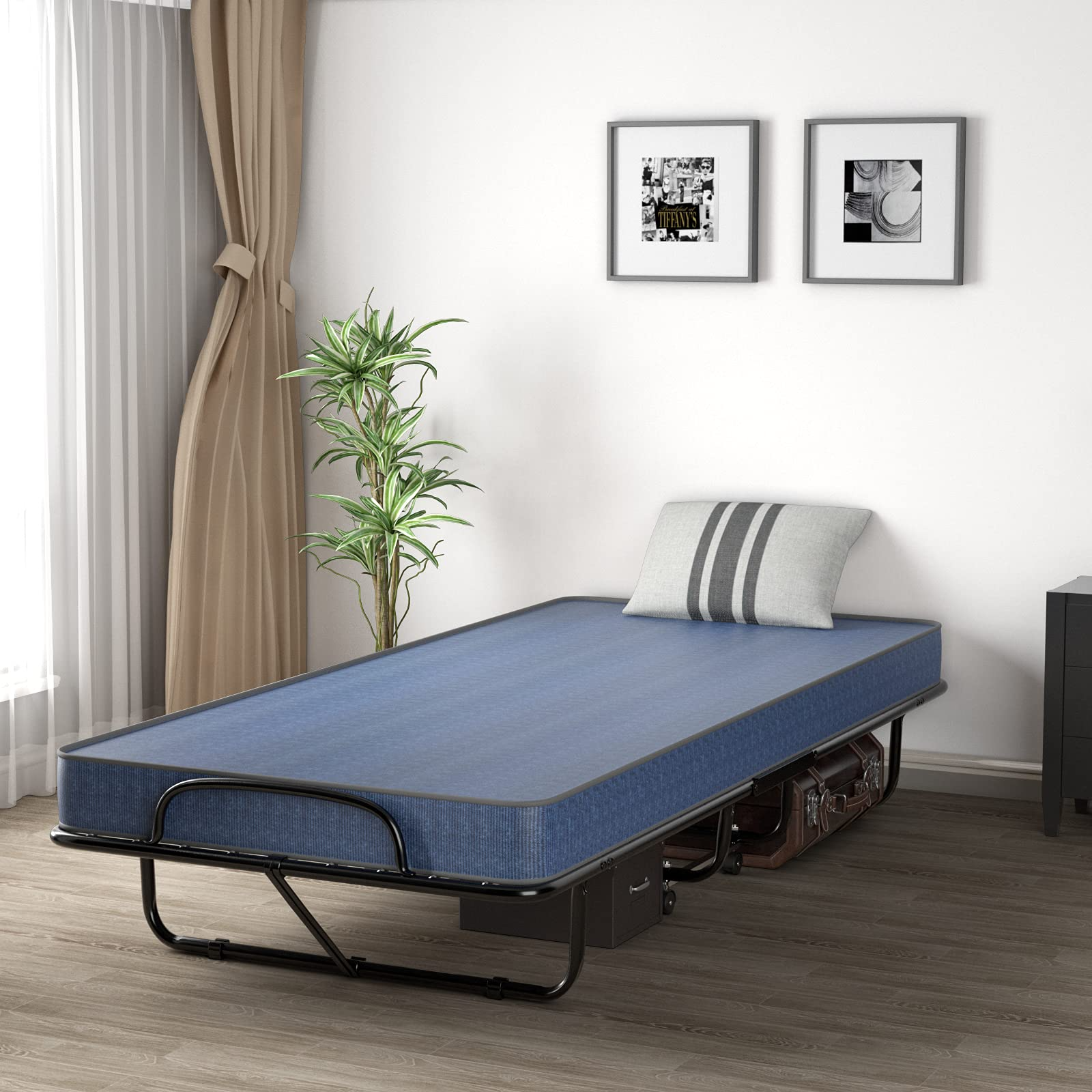 Folding Guest Bed with Mattress,  Twin Size Portable Rollaway Bed 5-Inch Memory Foam Mattress