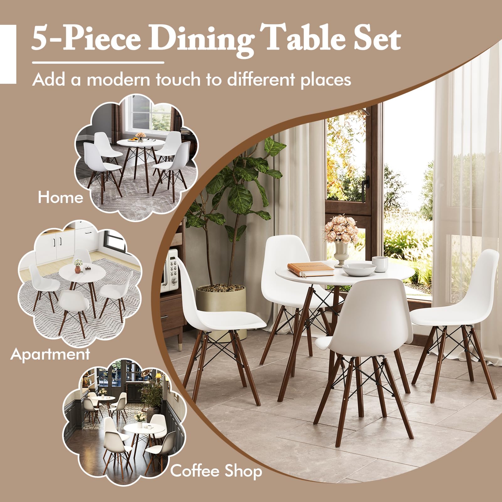 Round Dining Table Set for 4, Modern 31.5" D Dining Table & 4 Dining Chairs with Solid Wood Legs