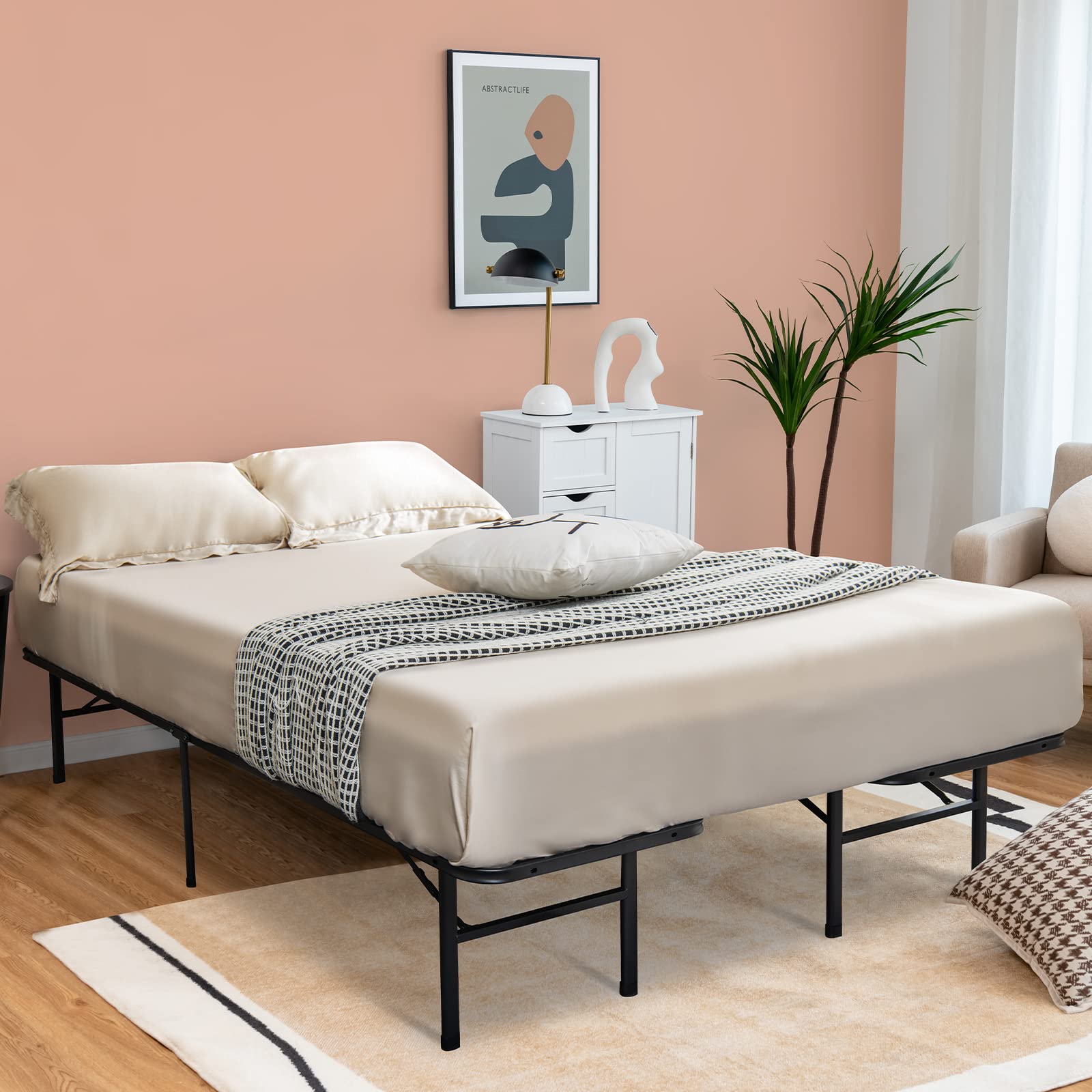 2 in 1 Folding Metal Bed Frame,Twin/Full- Queen/King Size Portable Bed Base