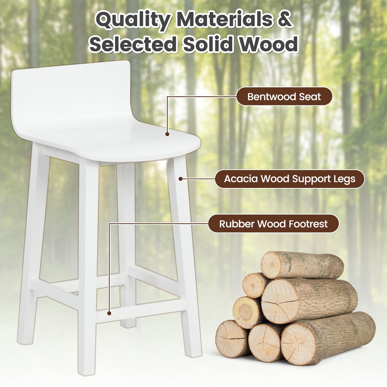 Solid Wood Bar Stools Set of 2/4, Counter Height Chairs with Low Back and Footrest