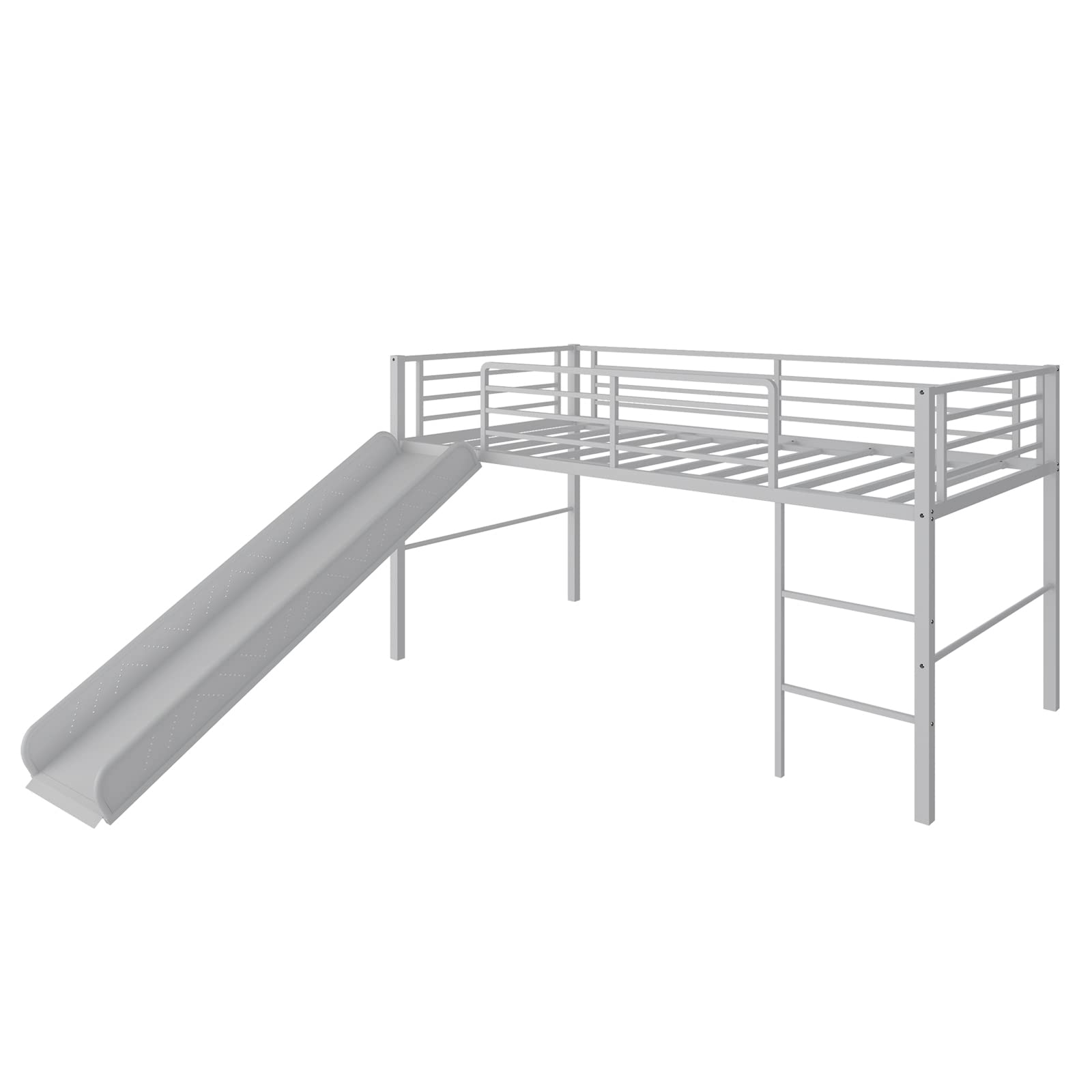 Twin Metal Low Loft Bed with Slide, Safety Guardrails & Built-in Ladder