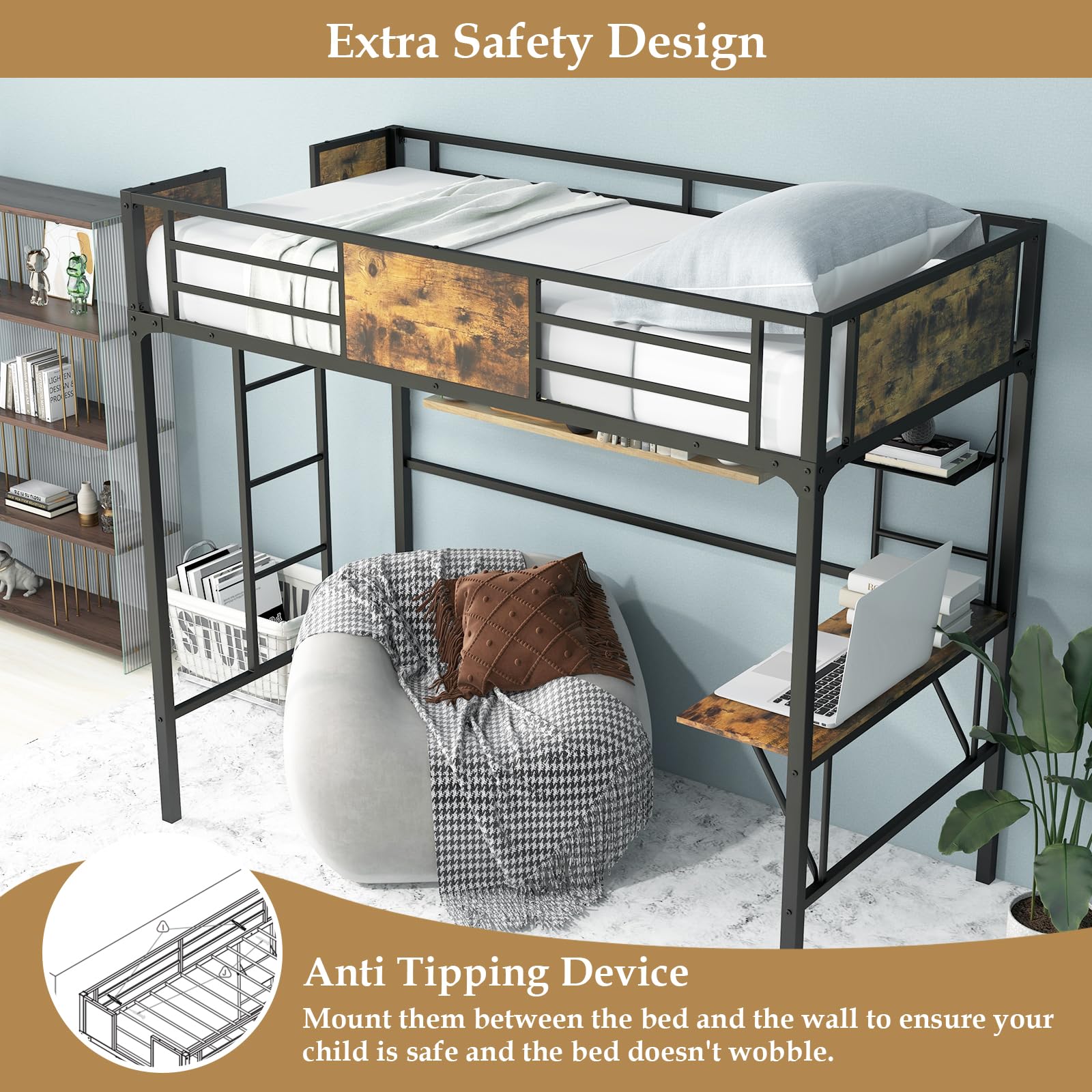 Metal Twin Loft Bed with Desk and Storage Shelf