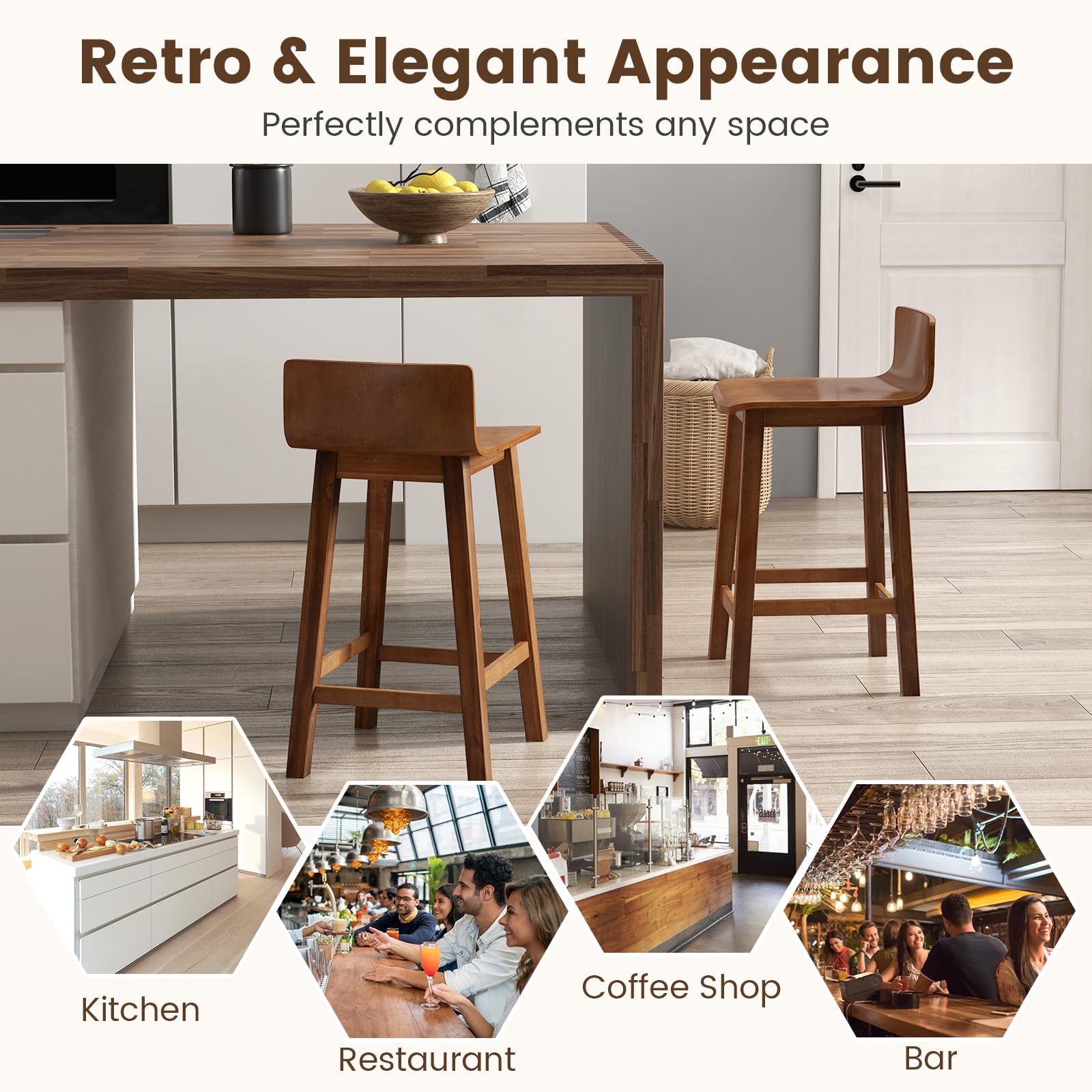 Solid Wood Bar Stools Set of 2/4, Counter Height Chairs with Low Back and Footrest