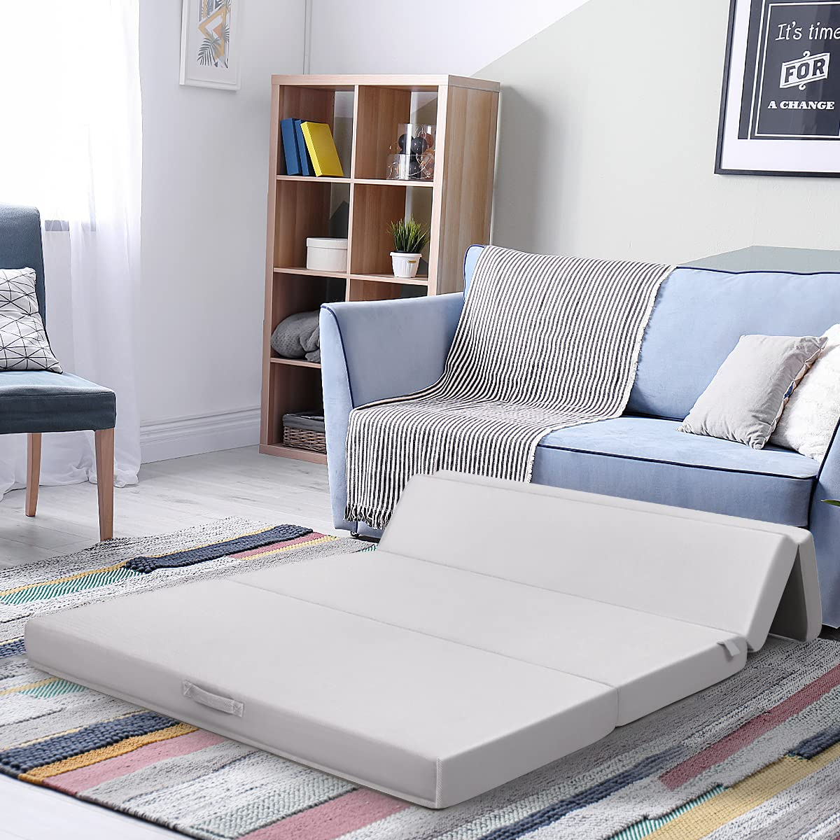 4 Inch Tri Folding Mattress, Foam Mattress with Carrying Handles and Removable Washable Fabric