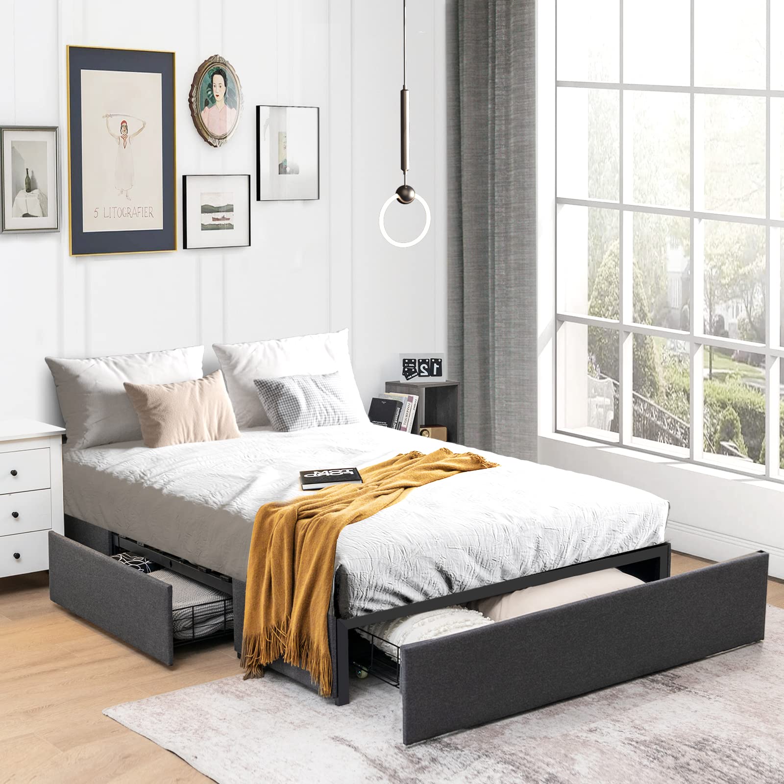  Full Size Bed Frame with 3 Drawers, Fabric Upholstered Platform Bed
