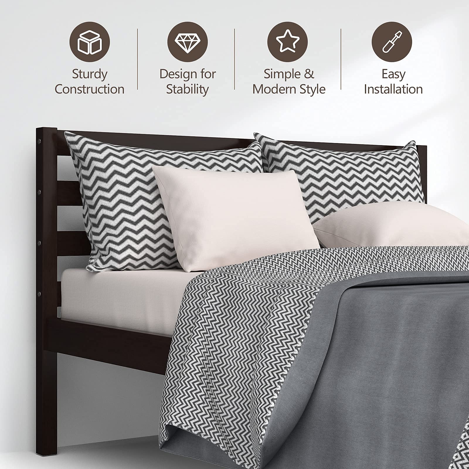 Wood Platform Bed Frame, Paneled Headboard, Wood Slat Support
