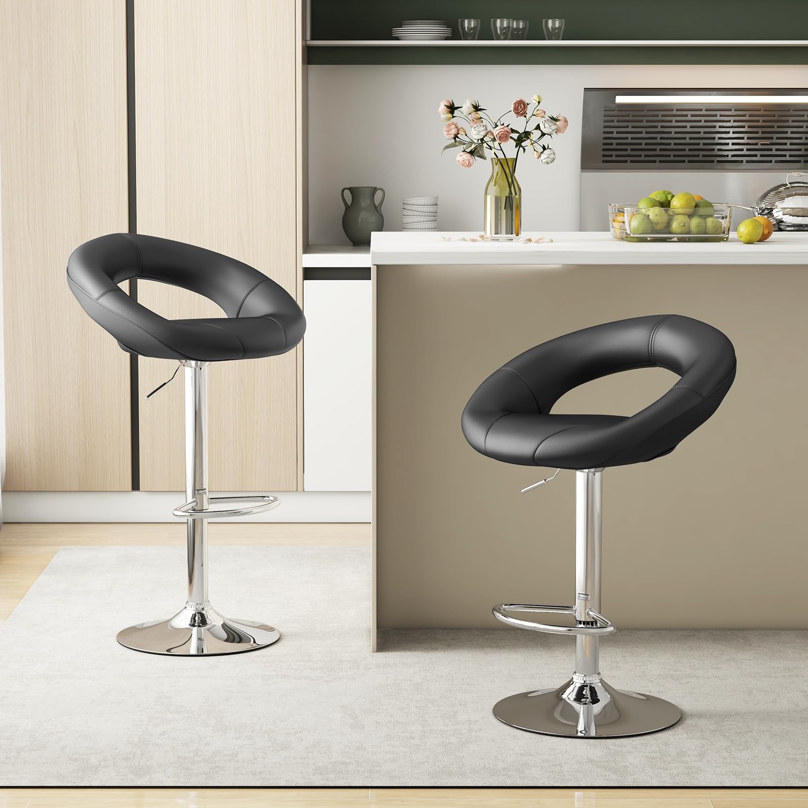 Adjustable Swivel Bar Stools Set of 2/4, Modern PU Leather Counter Height Bar Chairs w/Hollowed Back, Footrest, Metal Base