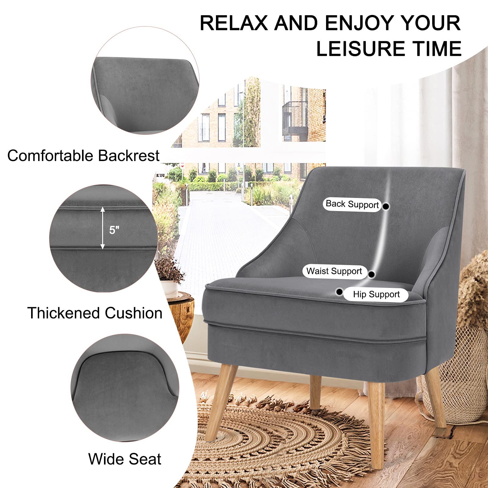Velvet Accent Chair, Mid Century Single Sofa Chair w/Rubber Wood Legs, Comfy Slipper Chair