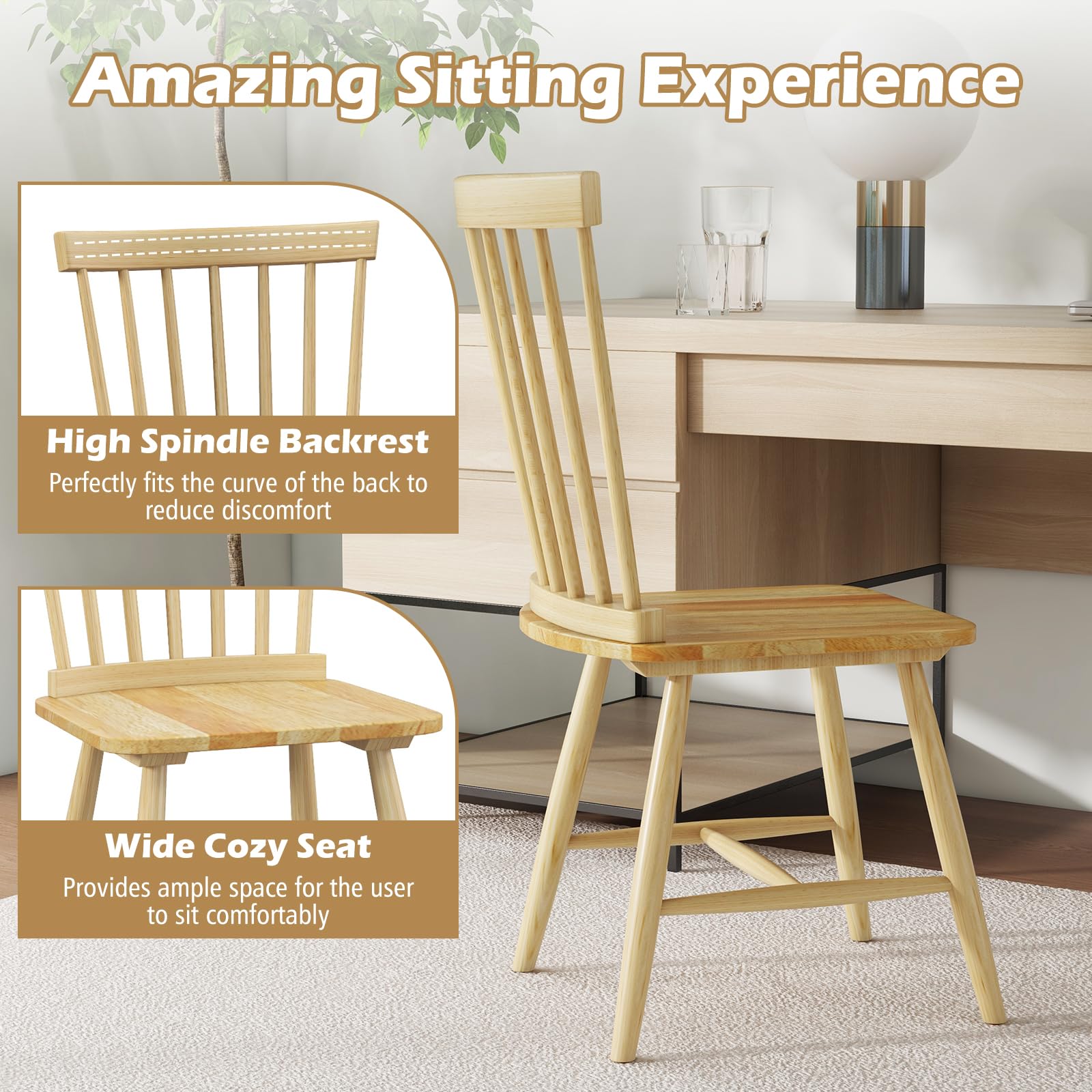 Wood Dining Chairs Set of 2/4, Solid Wood Windsor Dining Chair with Wide Seat