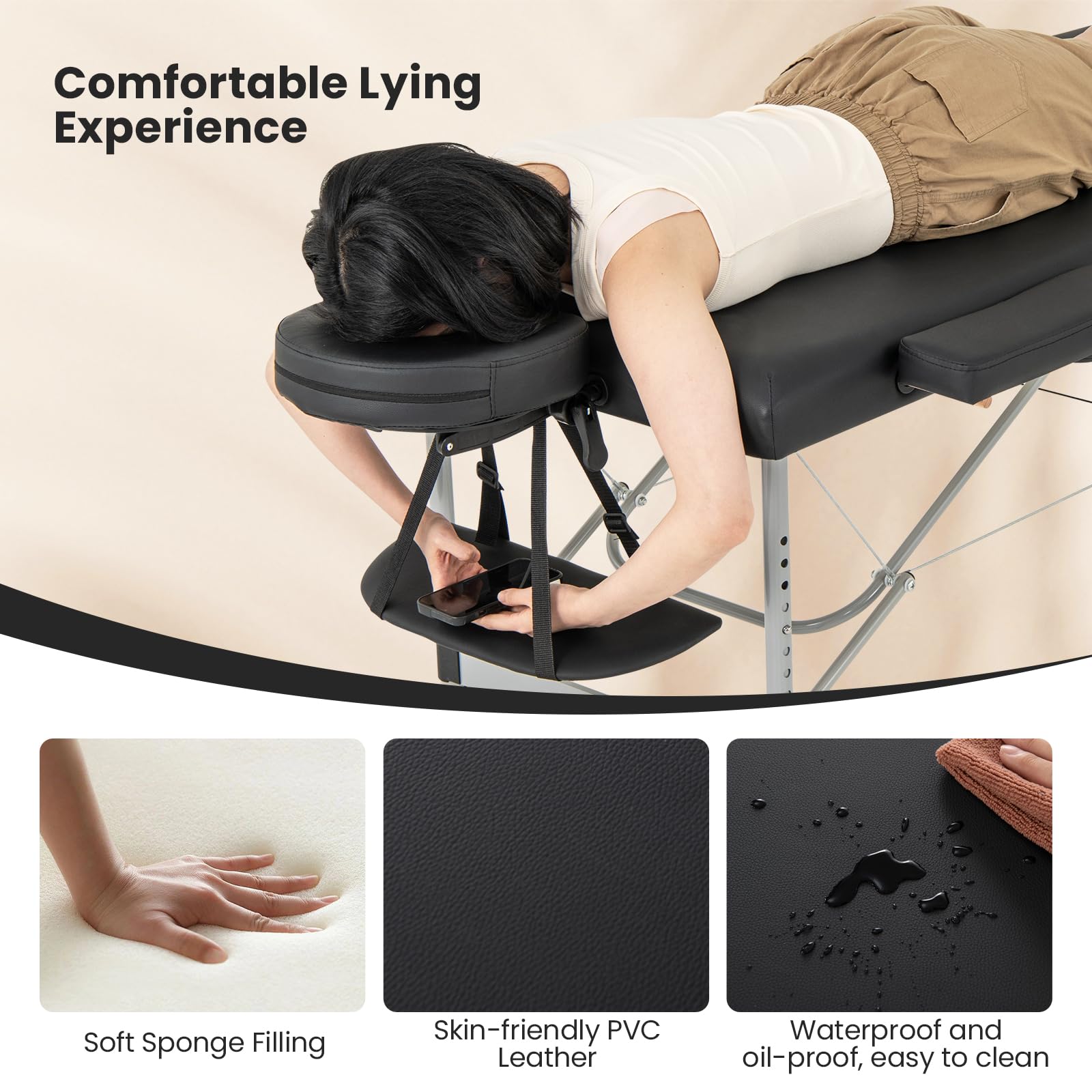 Massage Table, Portable Massage Bed with Carrying Bag, 2 Fold Salon Spa Tattoo Bed, Height Adjustable