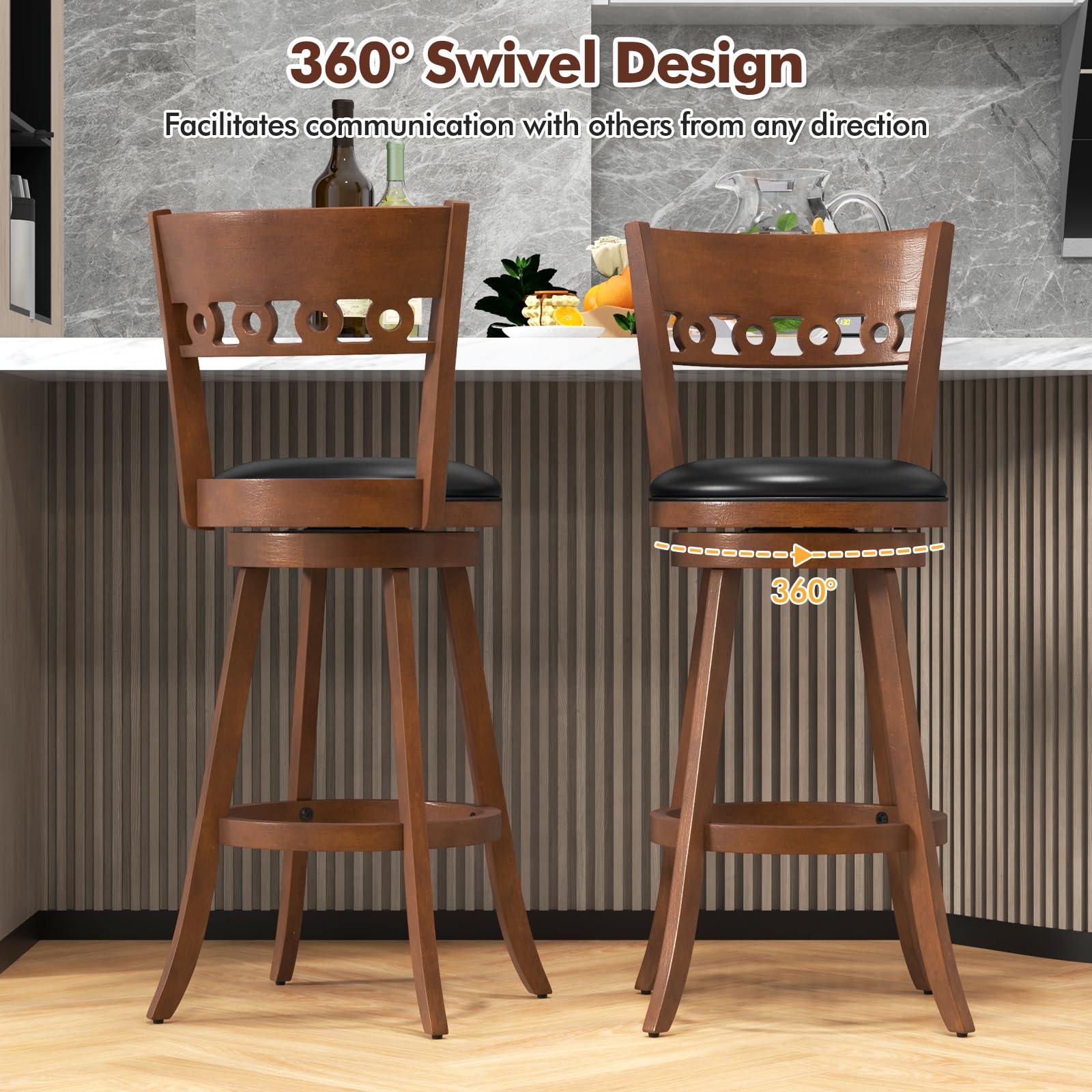 Swivel Bar Stools Set of 2/4, Bar Chairs with Back, Rubber Wood Frame