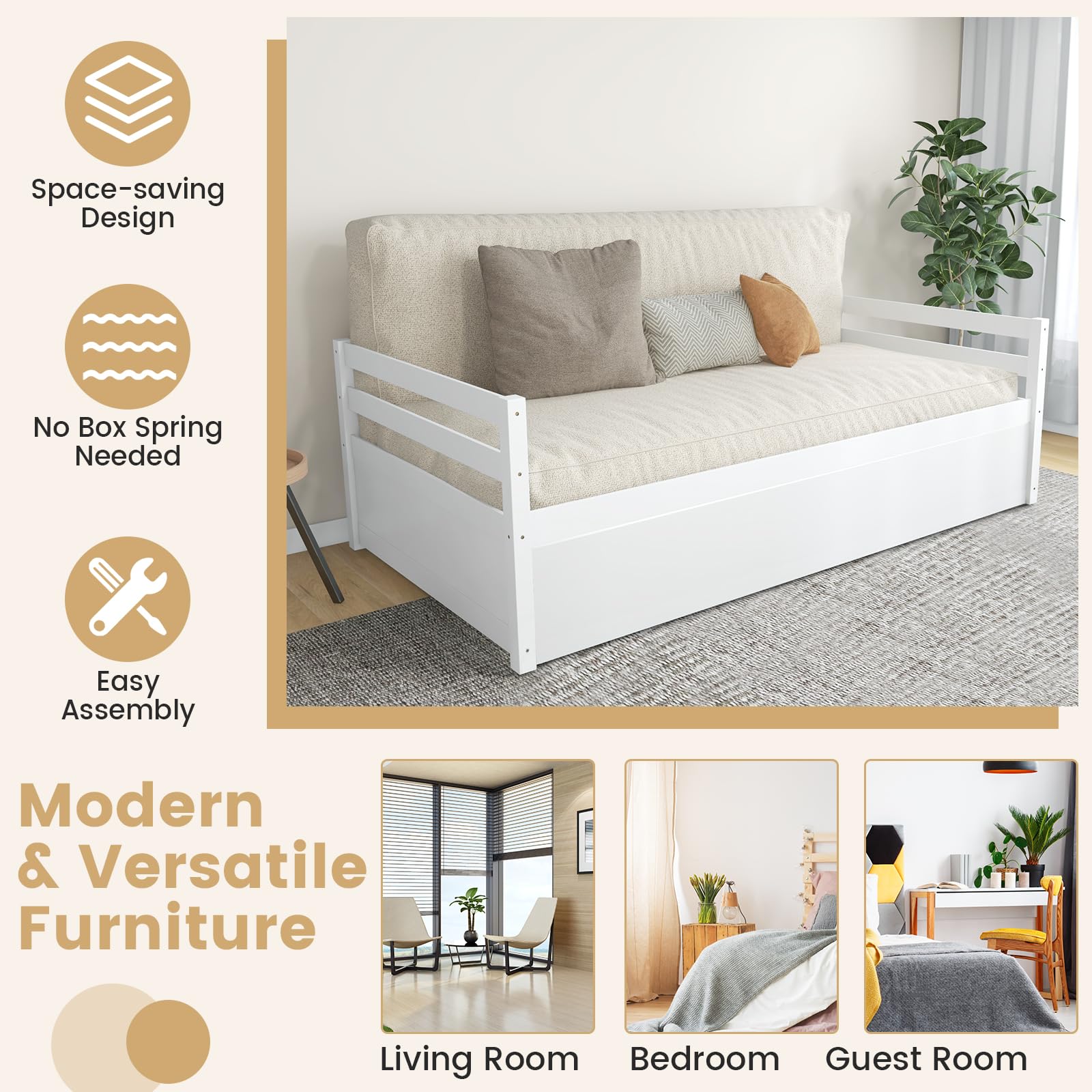 Twin Daybed with Trundle, Wood Trundle Bed with Wood Slat Support