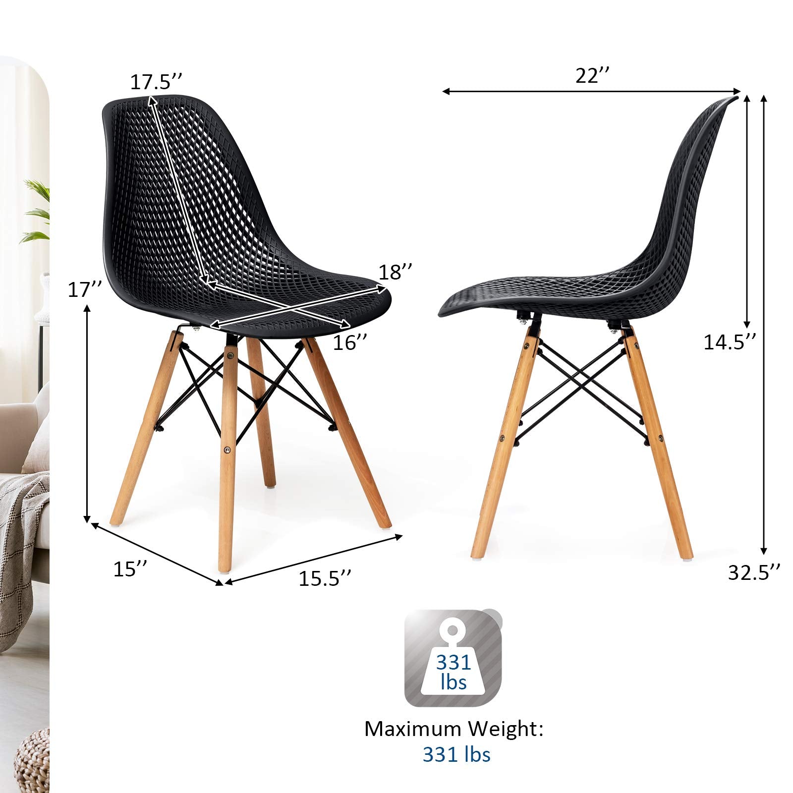Set of 2/4 Modern Dining Chairs, Outdoor Indoor Shell PP Lounge Side Chairs with Mesh Design, Beech Wood Legs