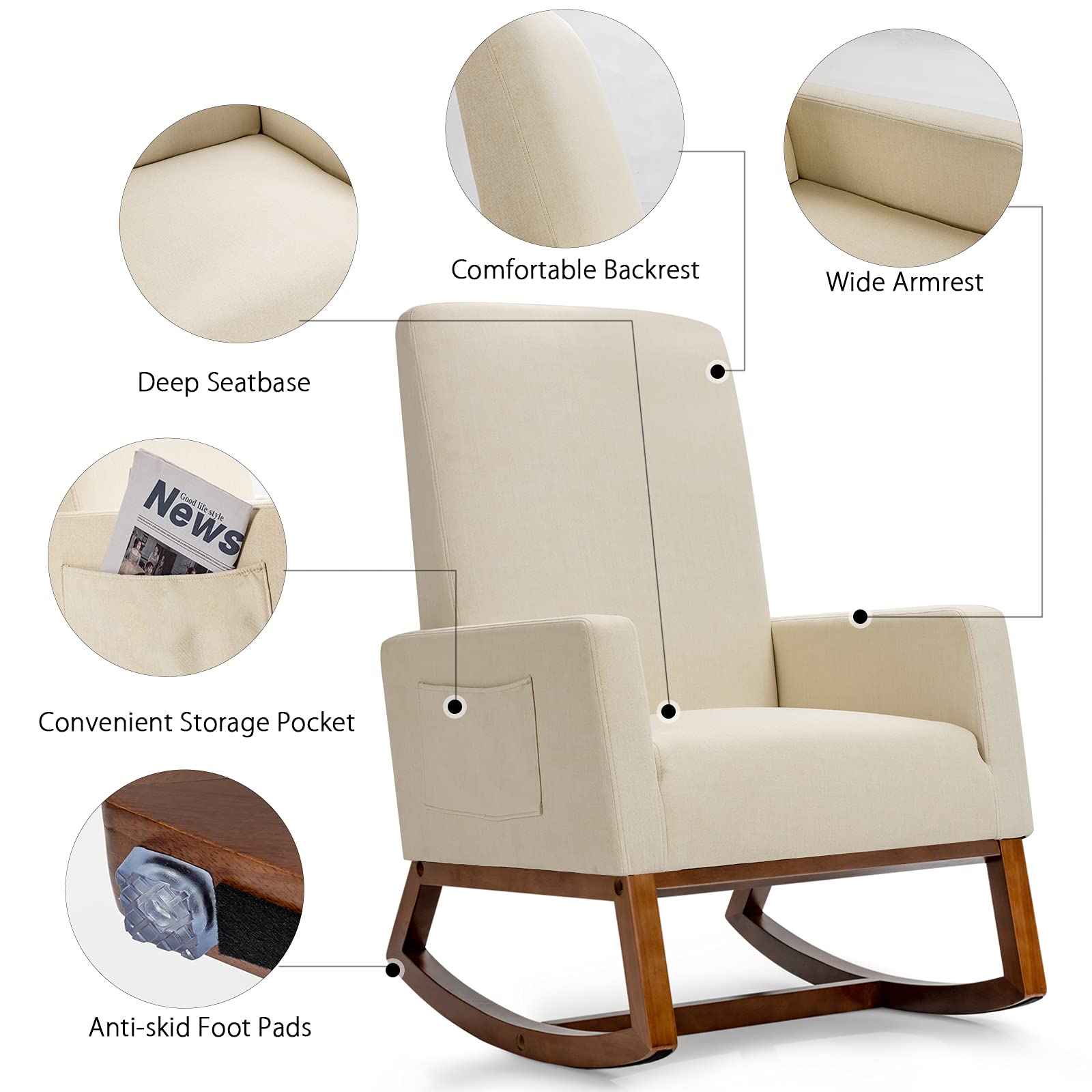 Rocking Chair, High Back Upholstered Lounge Armchair w/Side Pocket