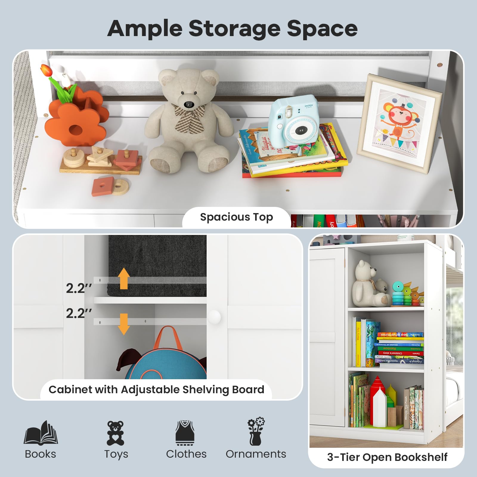 Twin Over Twin Bunk Bed with Storage Cabinet & Shelves, Convertible Bookcase