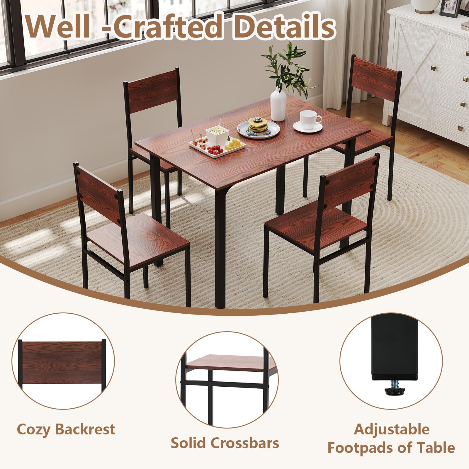5-Piece Dining Table Set, Industrial Kitchen Table and Chairs for 4 with Backrest and Metal Frame