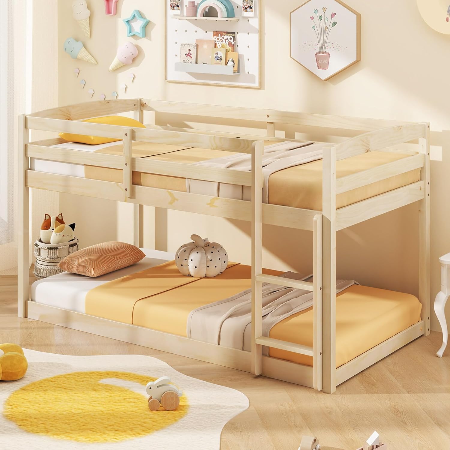Twin Over Twin Solid Wood Low Bunk Bed with Full Guardrails & Integrated Ladder