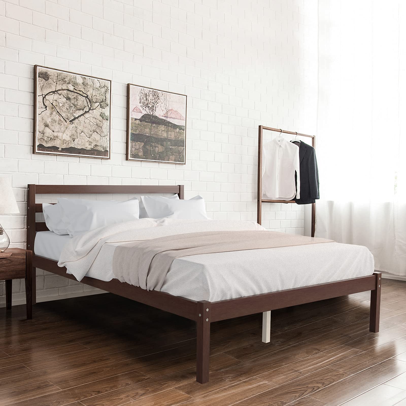 Wood Platform Bed Frame, Paneled Headboard, Wood Slat Support