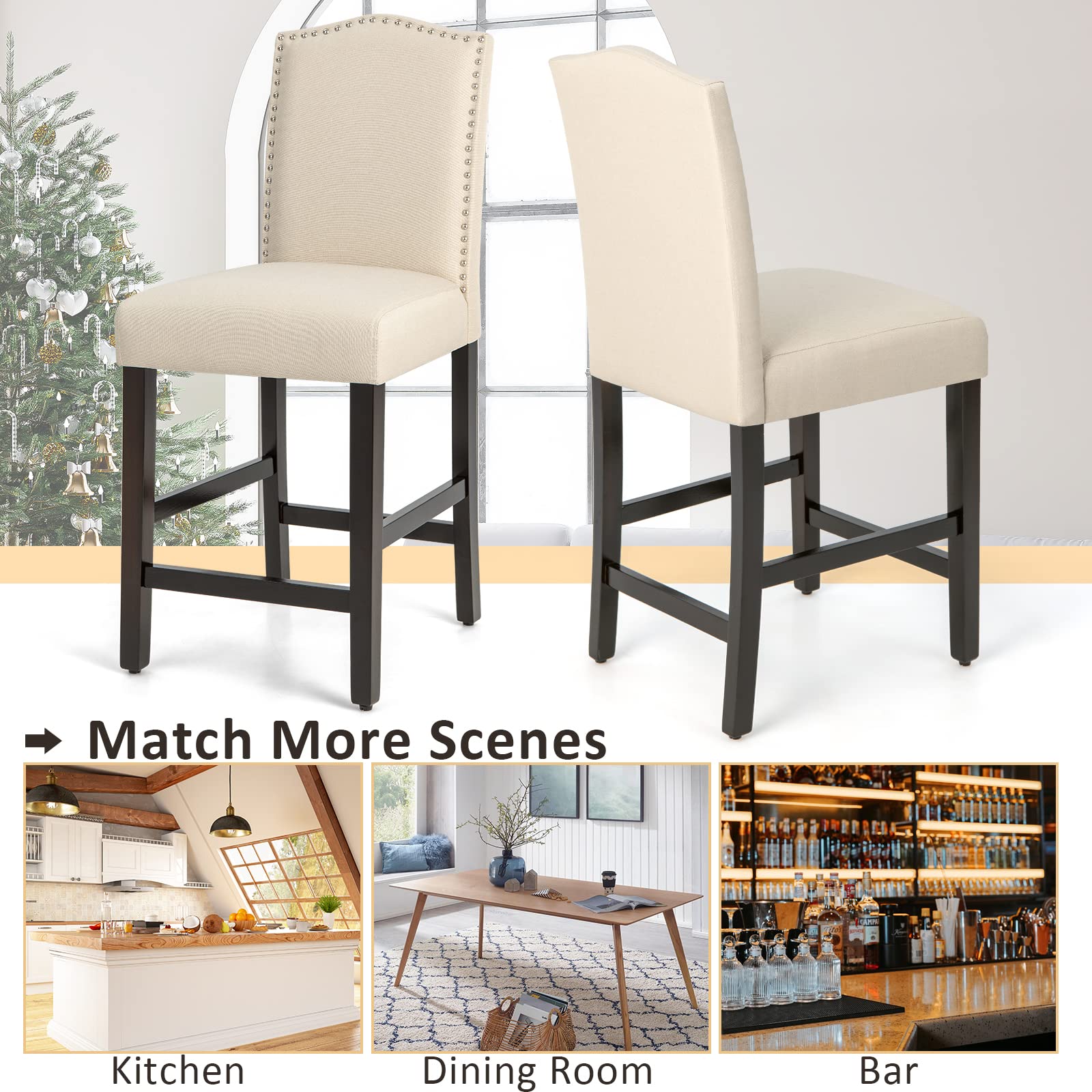 Bar Stools Set of 2/4, Counter Height Bar Dining Chairs with Rubber Wood Legs, Footrest