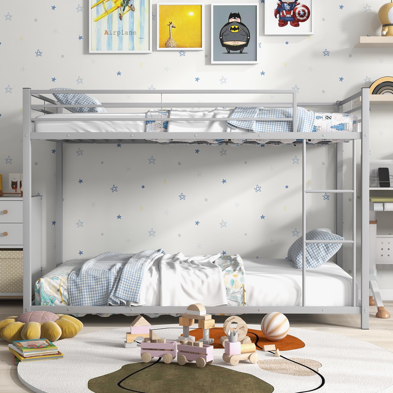 Twin Over Twin Metal Low Profile Bunk Bed with Safety Guard Rails & Side Ladder