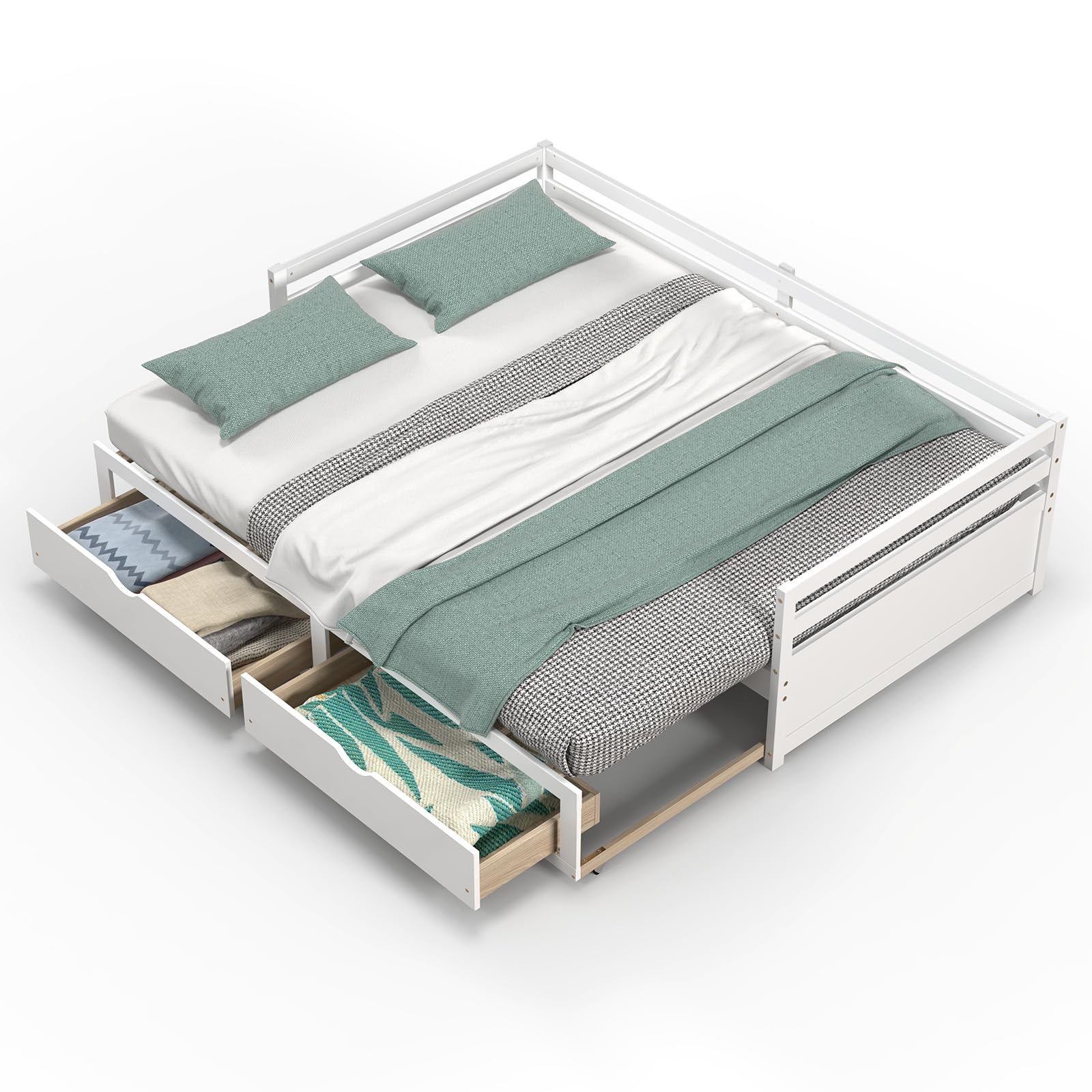 Wood Daybed with Trundle, Extendable Twin to King Daybed Frame with 2 Storage Drawers