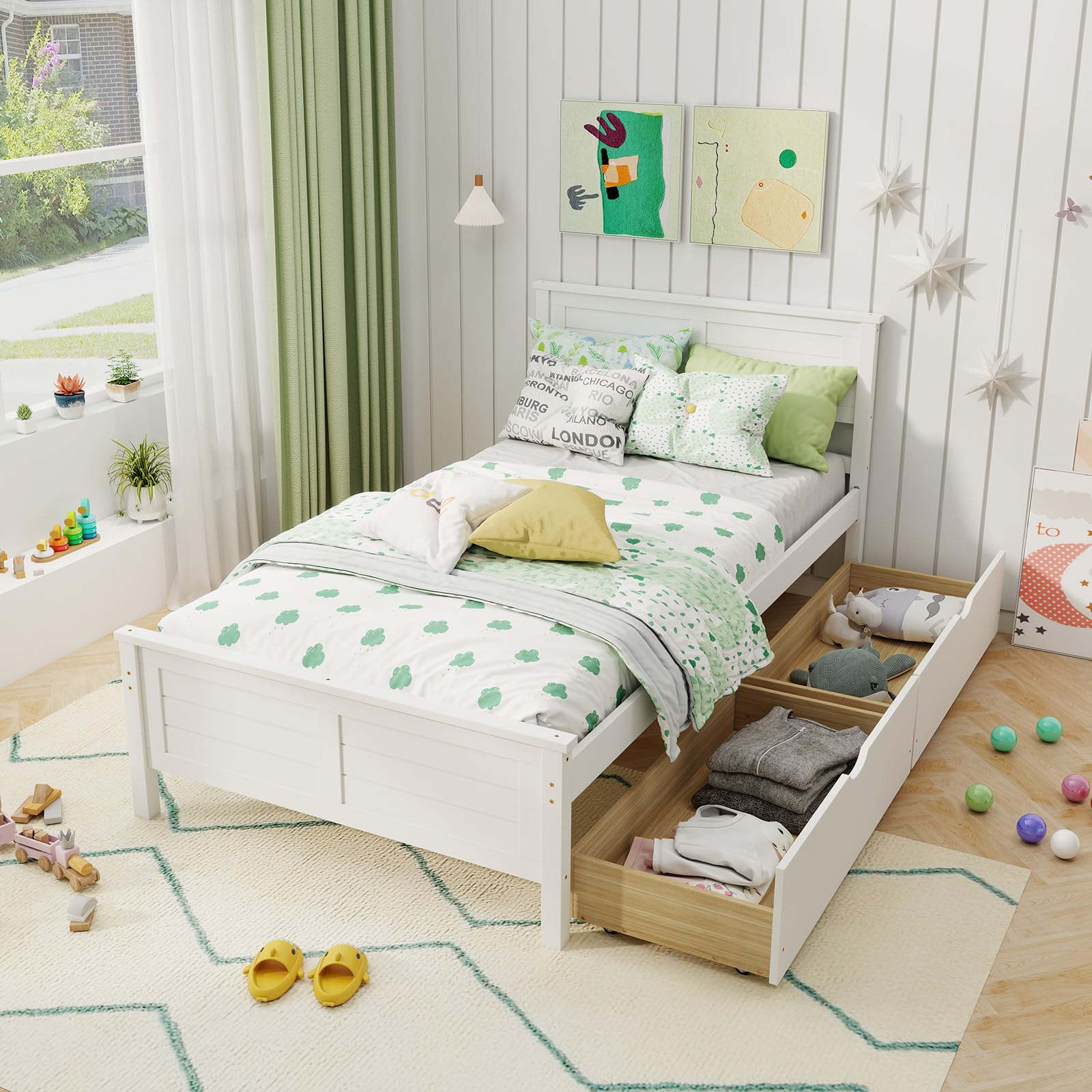 Wood Bed Frame with 2 Storage Drawers