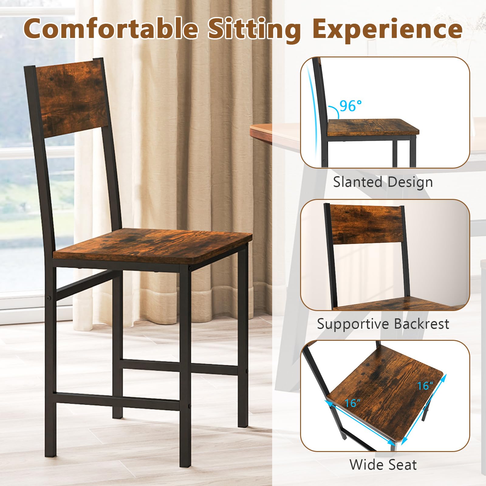 Dining Chairs Set of 2/4 with Metal Legs, Slanted Back, Rustic Wood Grain